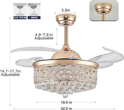 Miniatura 2 de DuMaiWay Ventilador de techo retráctil de cristal de 42 pulgadas con luz y control remoto invisible LED para ventilador de techo, color dorado