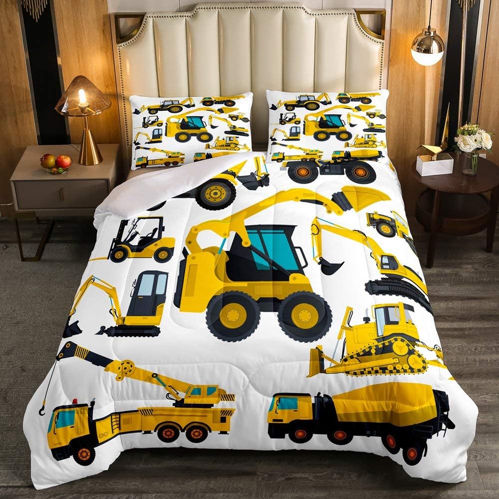 Erosebridal Trucks Down Comforter, Kids Excavator Tractor Comforter Set Construction Vehicle Duvet Insert Twin Size for Children Boys Girls, Concrete Mixer Machines Cartoon Bedding Comforters