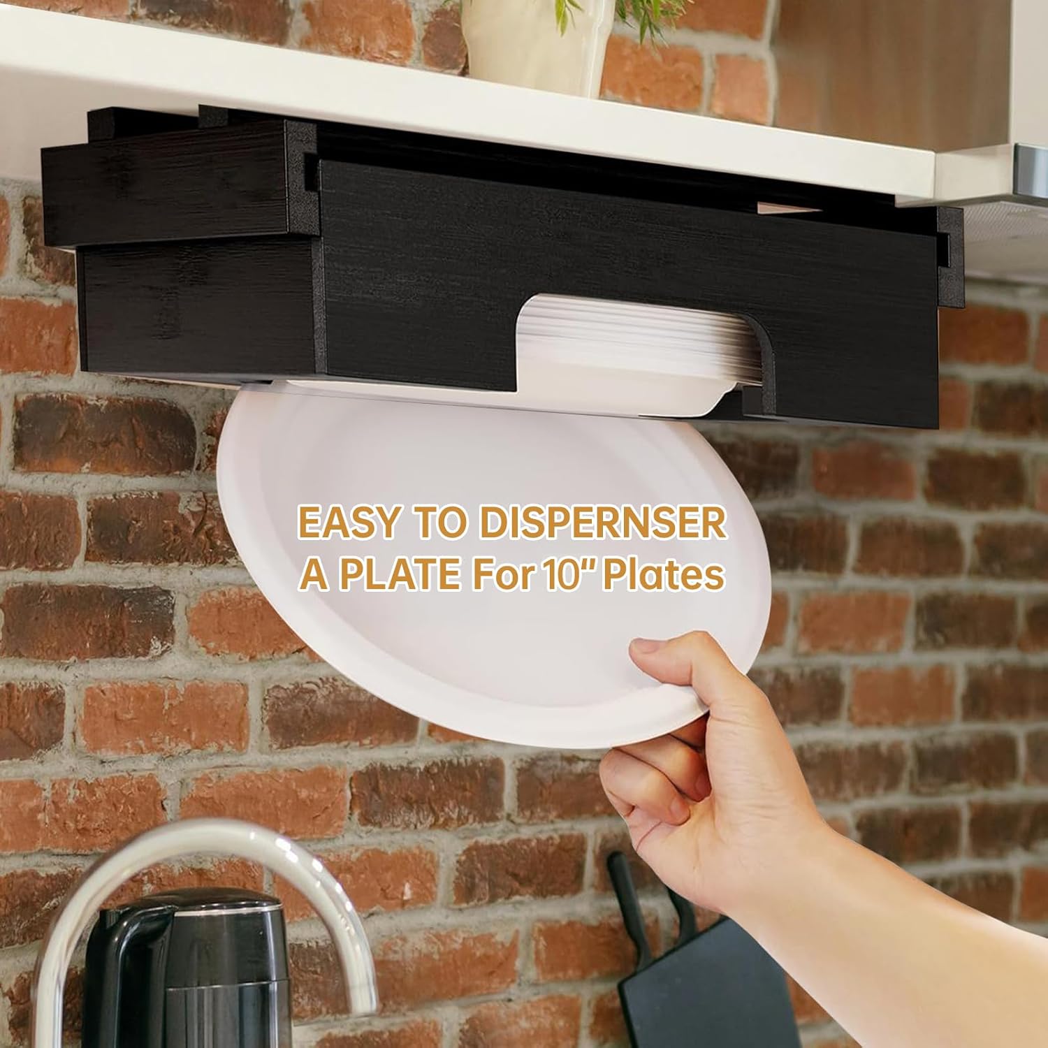 Paper Plate Dispenser,10-inch Bamboo Paper Plate Dispenser Under Cabinet, Kitchen Counter Vertical Paper Plate Holder Organizer Countertop Caddy Black