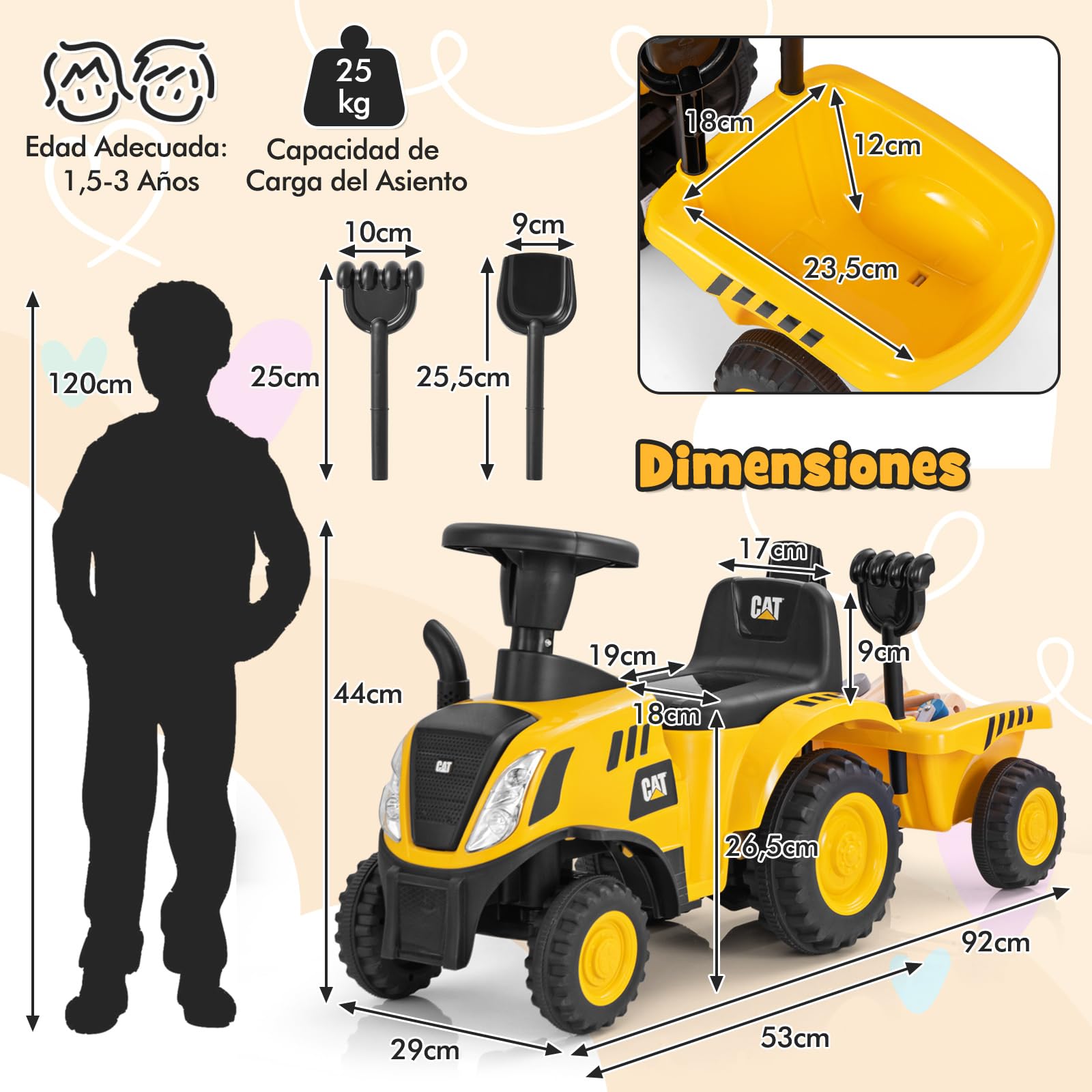 COSTWAY Tractor Juguete Caterpillar con Remolque Desmontable, Pala, Rastrillo, Bocina, Sonido del Motor, Luces LED y 6 Ruedas, Tractor para Niños de 18-36 Meses