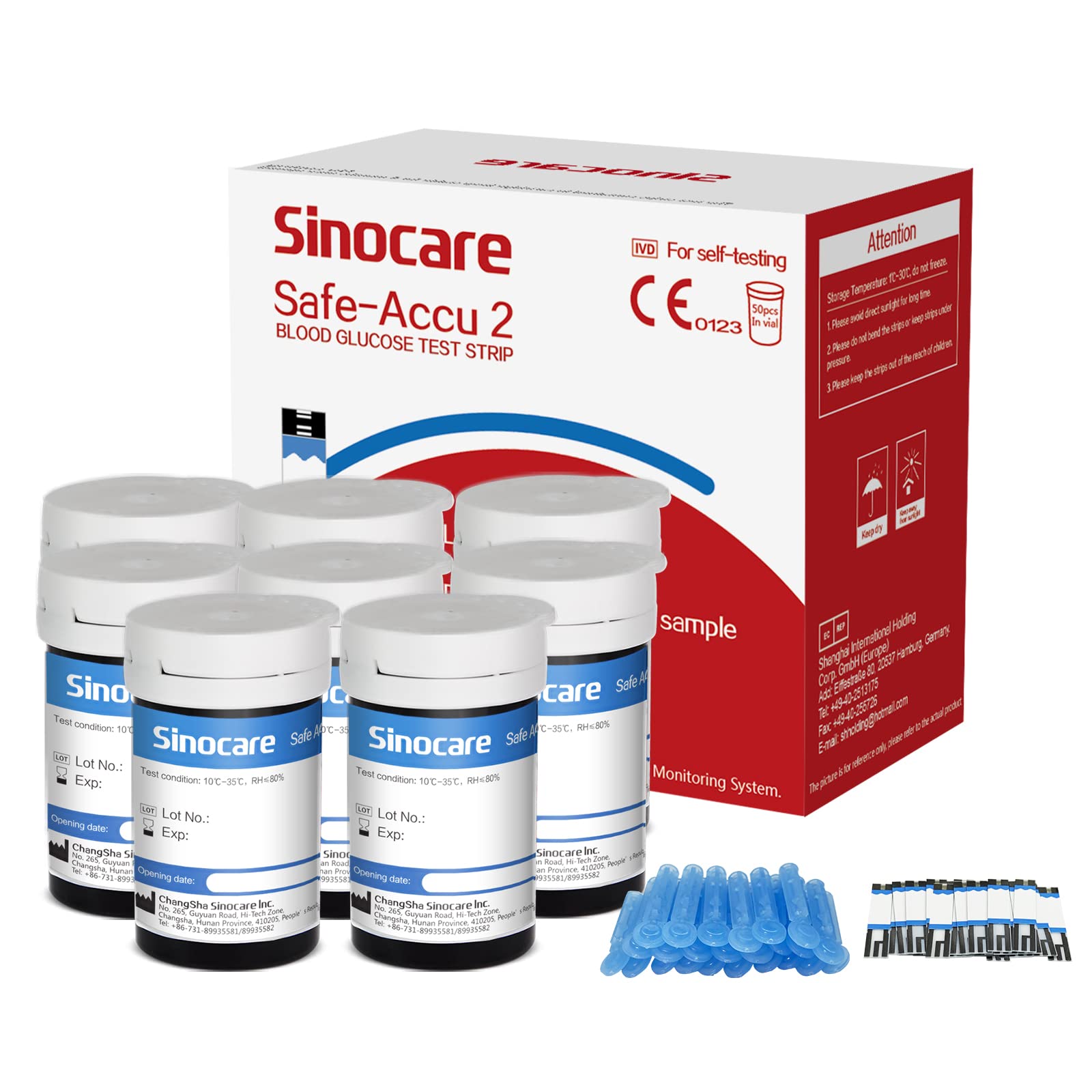 sinocare Tiras Glucosa Tiras de Prueba de Glucosa, 200 x Tiras Reactivas Glucosa para Safe accu2 Certificado ClimatePartner