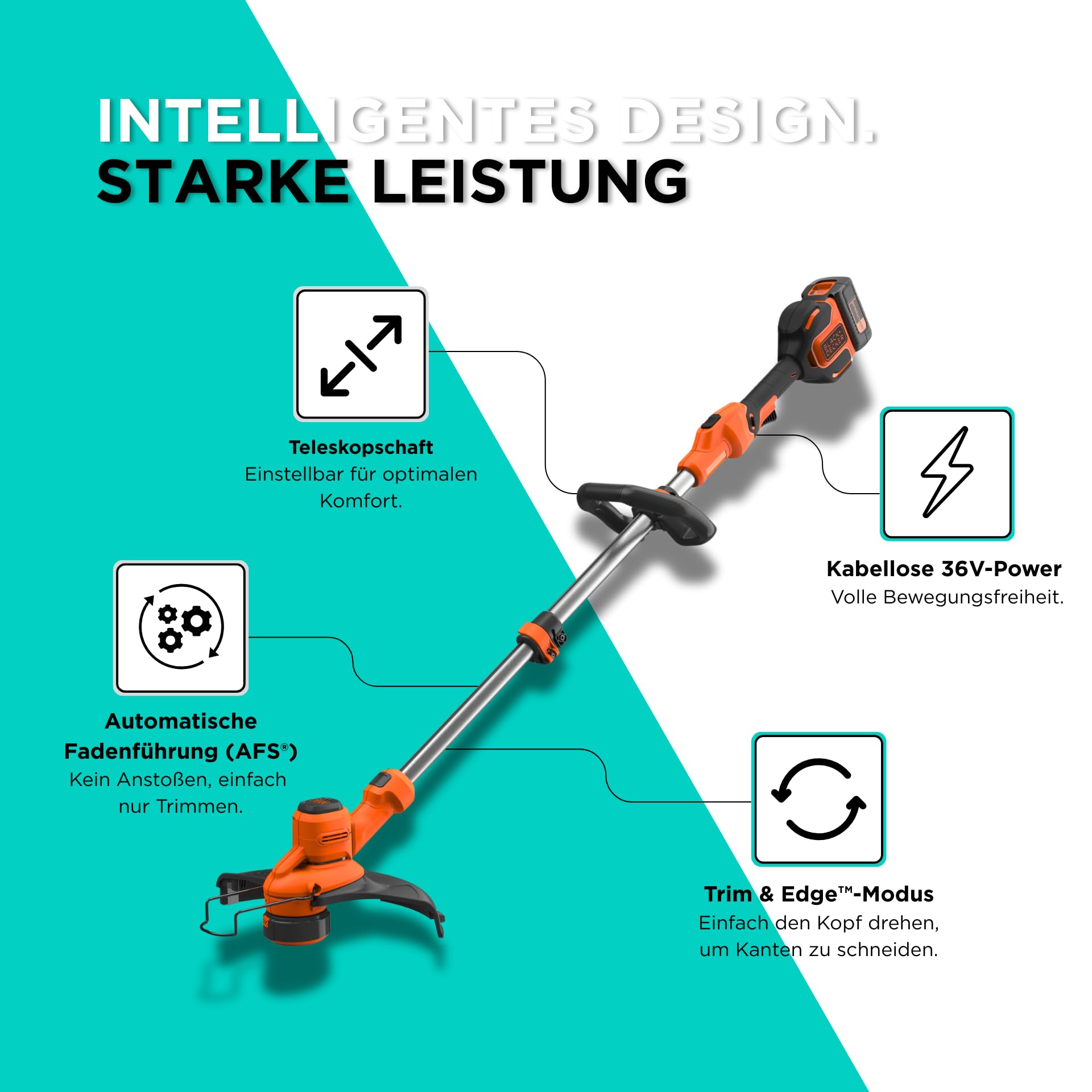 BLACK+DECKER 36V Akku-Rasentrimmer mit Akku & Schnellladegerät, 33cm Schnittbreite, bürstenloser Motor, automatische Fadenführung, Variable Geschwindigkeit, BCSTA536L1-QW