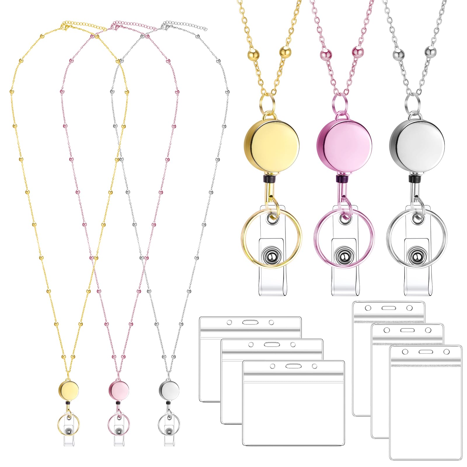 Lanyards for Id Badges 3 Pack Badge Lanyard with 6 Pcs Id Badge Holder Retractable Stainless Steel Teacher Lanyard Cruise Ship Lanyards for Girl Women