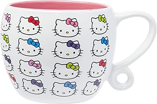 Silver Buffalo Sanrio Hello Kitty Faces and Bows Pattern Round Body Loop Handle Ceramic Mug, 15.9 Ounces