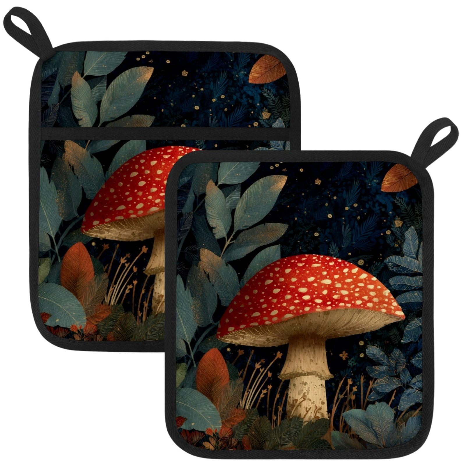 VAPOKF Mushroom Floral Heat Resistant Pot Holders, Thick Pot Holders Pad with Hanging Loop for Kitchen, Oven Cloth Pads for Kitchen Baking Microwave Oven