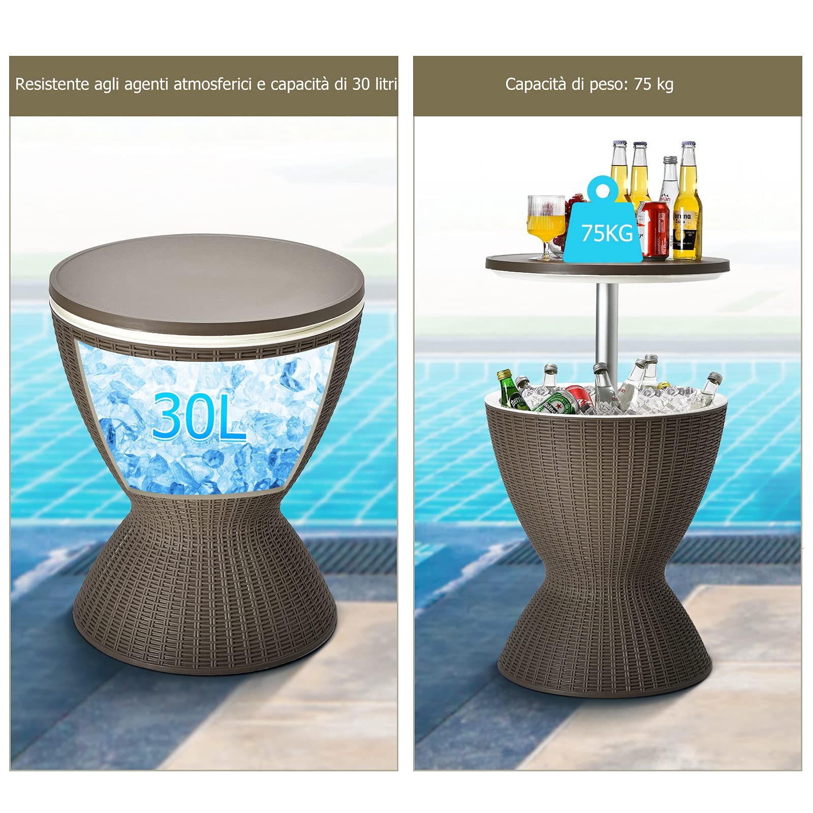 GOPLUS 30 L Portaghiaccio in Rattan, Tavolino Bar per Festa Estiva, Cool Birra/Bevande, Centro Regolabile da 57,5-82 cm, Contenitore di Ghiaccio, Ideale per Campeggio, Piscina Esterna(Marrone)