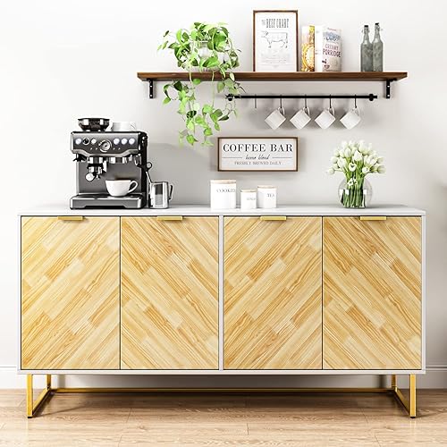 4 EVER WINNER Armario de bufé aparador, gabinete de almacenamiento de barra de café con 2 puertas, mesa consola decorativa de espiga para sala de