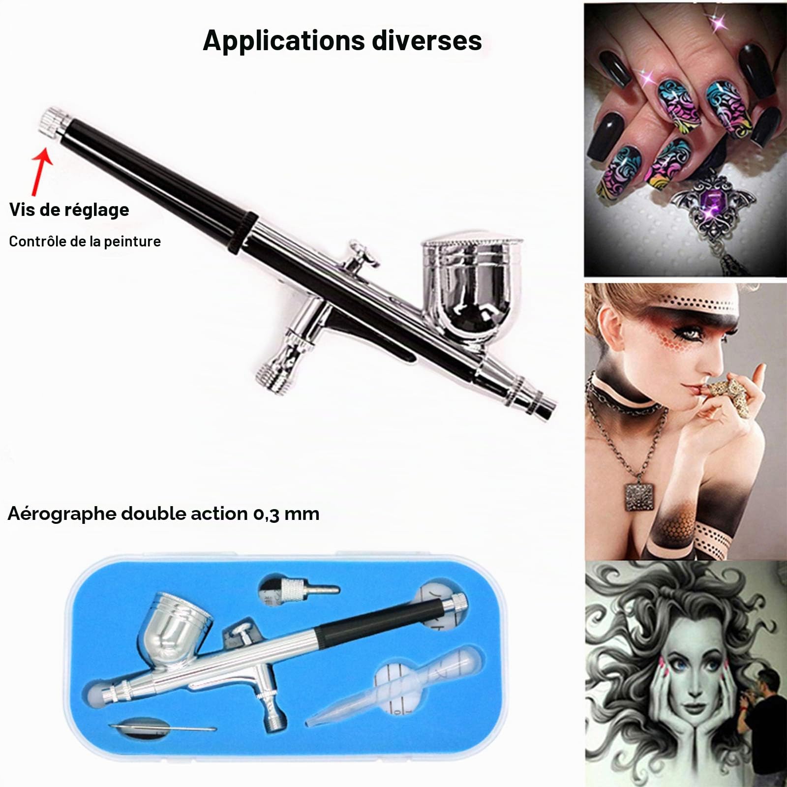 Kit aérographe Complet Professionnel avec compresseur aérographe, et 1 aérographe Double Action et 1 Seule Action aribrush pâtisserie modelisme Ongles Nail Art gâteau avec kit de Nettoyage
