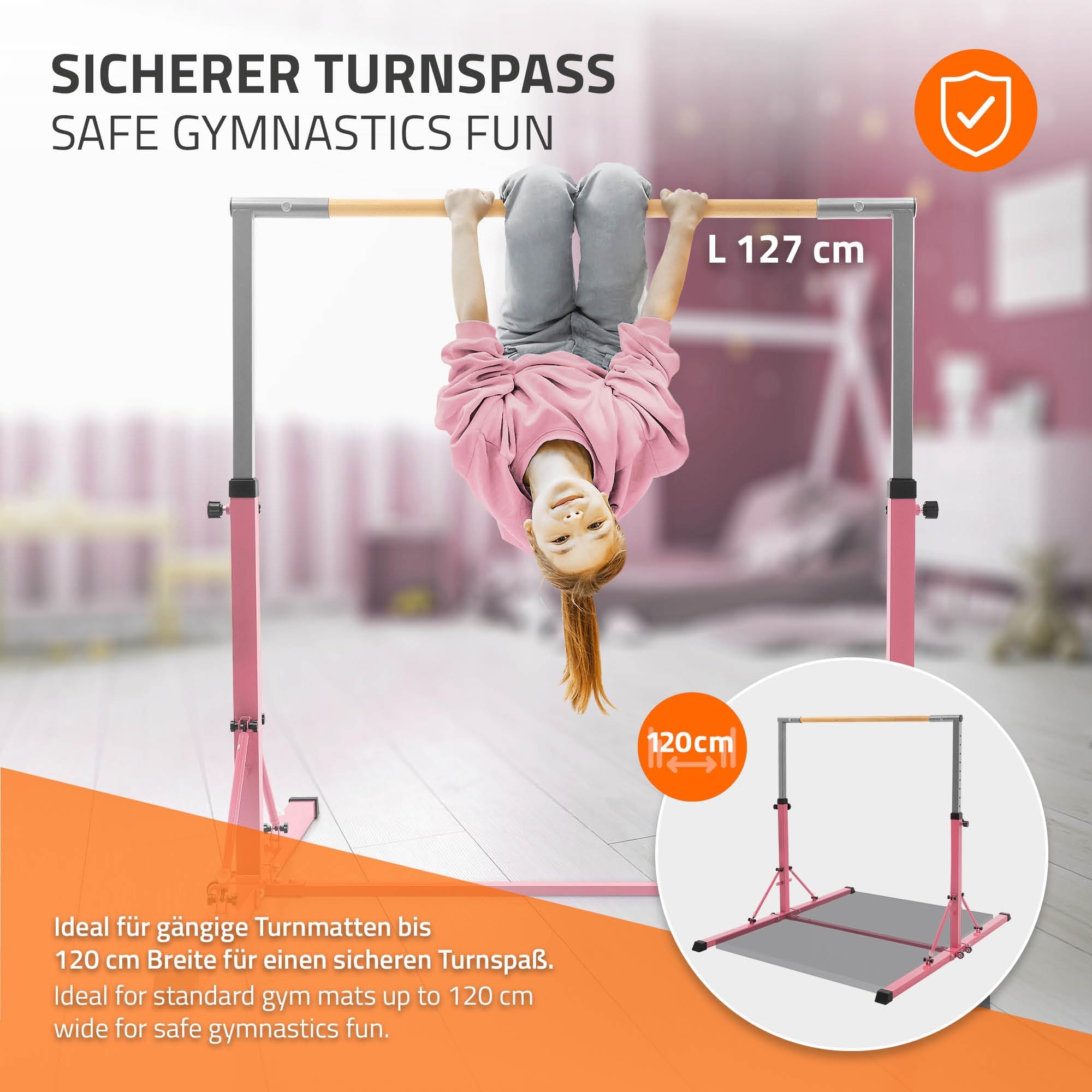 Hauki Gymnastik Turnreck, Gymnastikstange faltbar, Kinder Gymnastics Bar, Reckstange höhenverstellbar 95,5-150 cm, Turnstange aus Holz/Stahl, Trainingsgeräte Indoor/Outdoor, Übungsstange, Heimtraining
