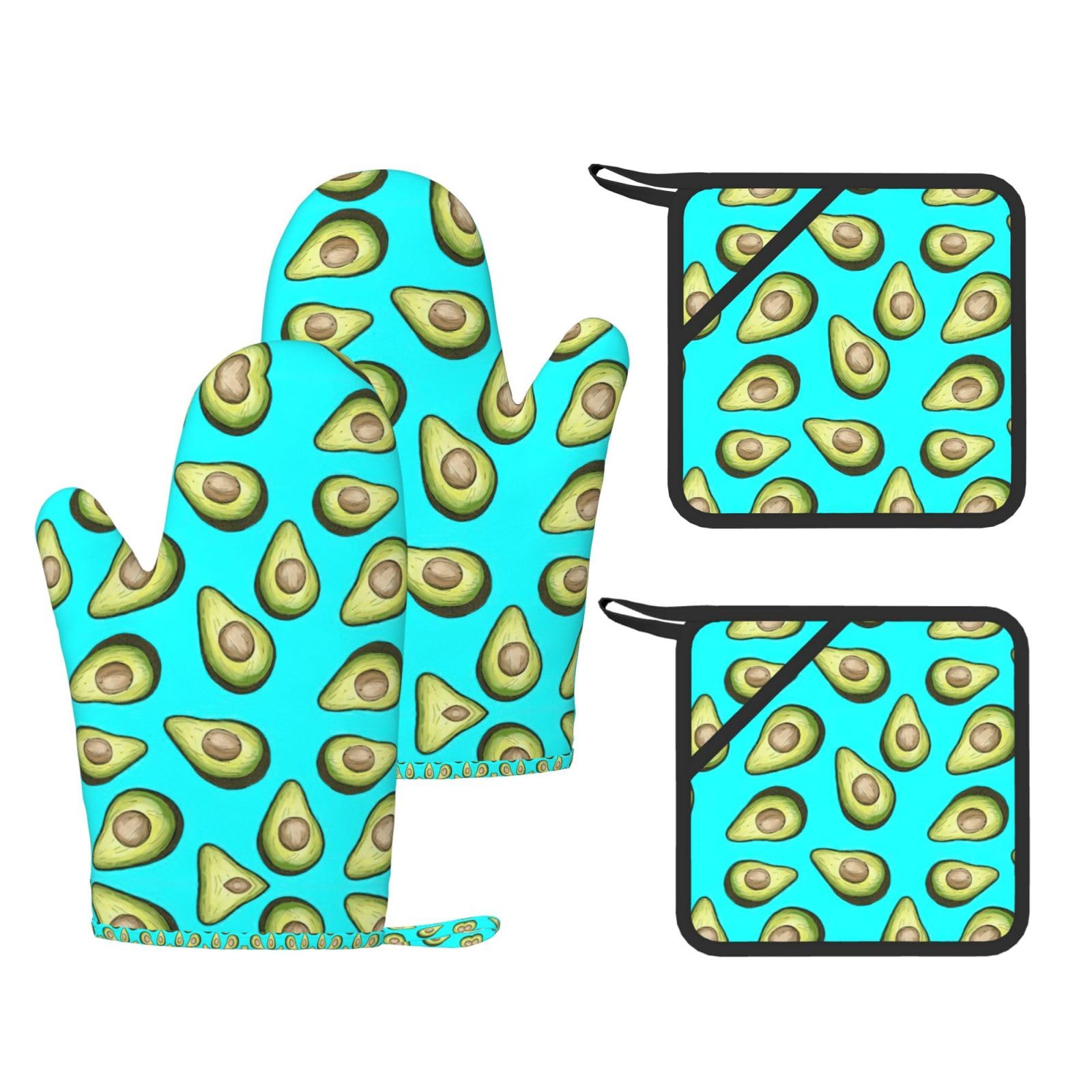 Eeprty Black Fresh Tropical Fruit Avocado Printed Kitchen Oven Gloves And Potholder 4 Pcs, Non-Slip Heat Resistant Mitts For Baking Chef