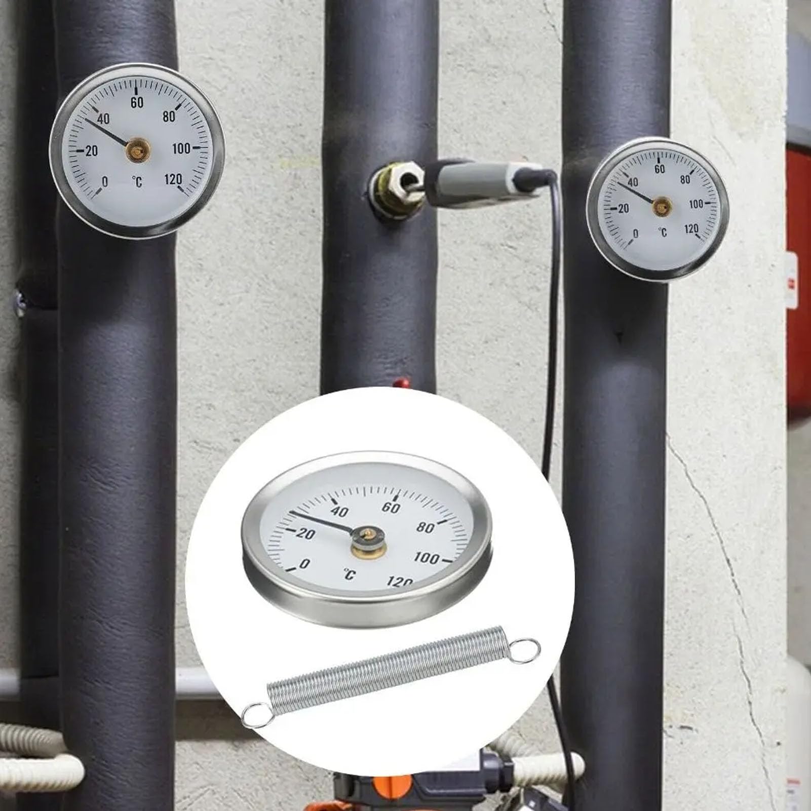 6 Stück Anlegethermometer Heizungsrohr,Temperaturanzeige Mit Clip-On Feder 0-120℃,Rohrthermometer 63 mm Rohr Thermometer,Heißes Wasser Rohr Thermometer,Zeigerthermometer für Rohre Kessel