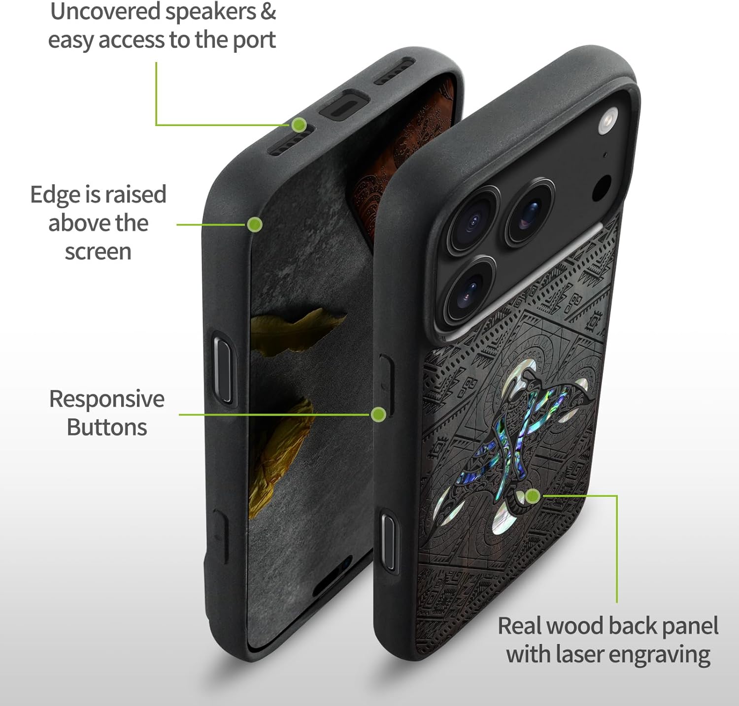 Carveit Magnetic Case for iPhone 17 Pro Max Case, Wood Artisan Engraved & Handmade Shell Inlaid, TPU Shockproof Cover, Compatible with MagSafe Wireless Chargers (The Tribal Manta Rays-Blackwood)