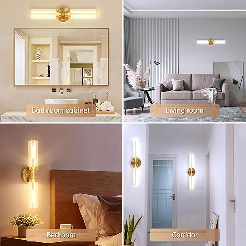Miniatura 7 de Lámpara de baño dorada de 2 luces, moderna lámpara de tocador sobre el espejo, lámpara de pared para baño, dormitorio, pasillo, lámpara de tocador