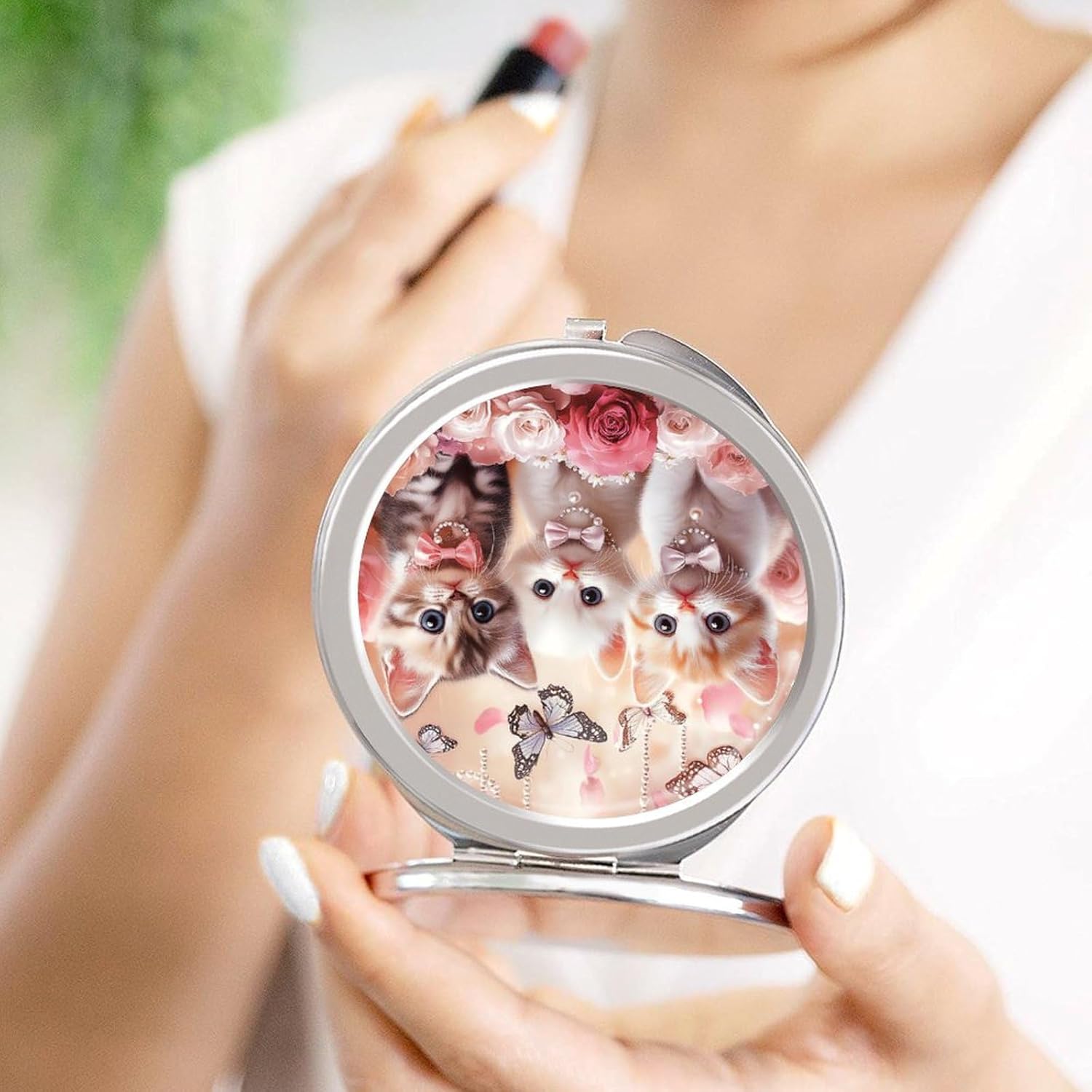 Cute Cat Kitty Compact Makeup Mirror Mini Foldable Cosmetic Mirror Portable Travel Mirror for Purse Pocket