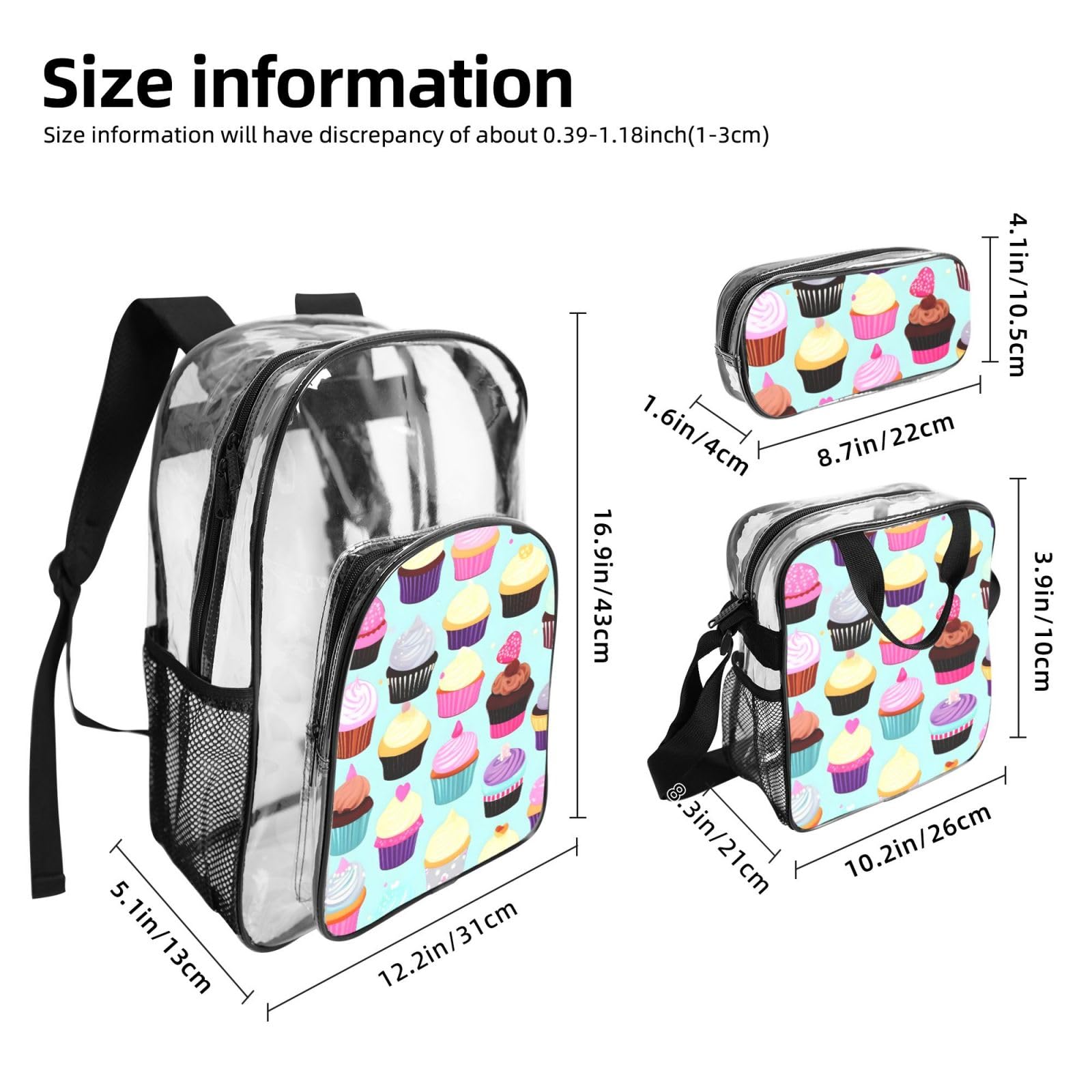 Wzór babeczek nadruk kobiety mężczyźni dzieci przezroczysty plecak zestaw szkoła podróż przezroczysty 3-częściowy pojemnik na lunch