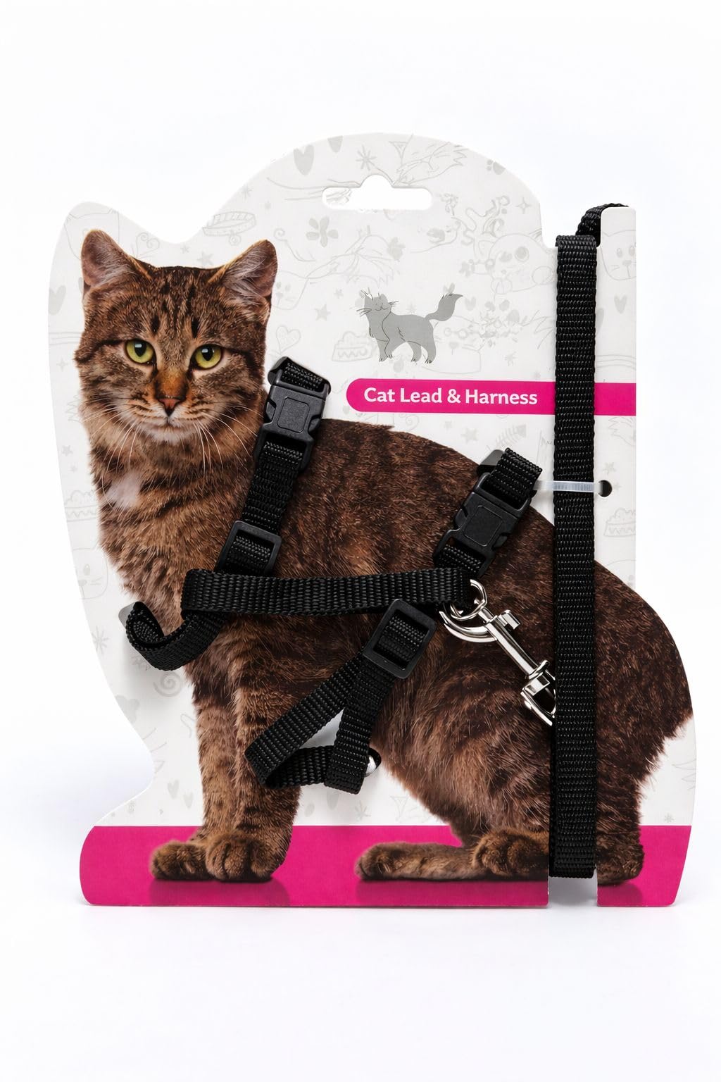 Pet Guru Cat Lead and Harness Set, Nylon, Fully Adjustable, Secure Buckle Clips, One Size Fits Most, for Outdoor Walking (Black)