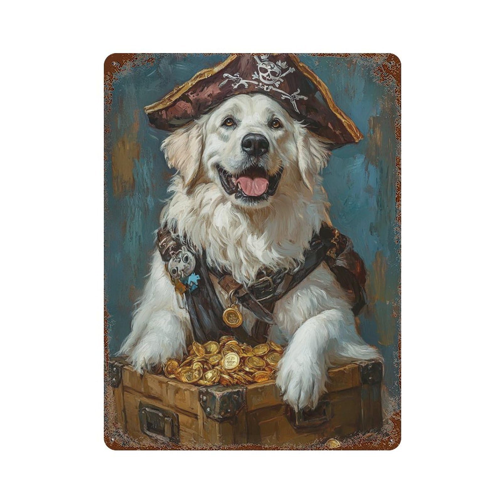 Pirate Dog Treasure Chest-59 Rusty Metal Tin Sign 15.7"x11.8", Old School Wall Decor for Garage, Pub Or Kitchen
