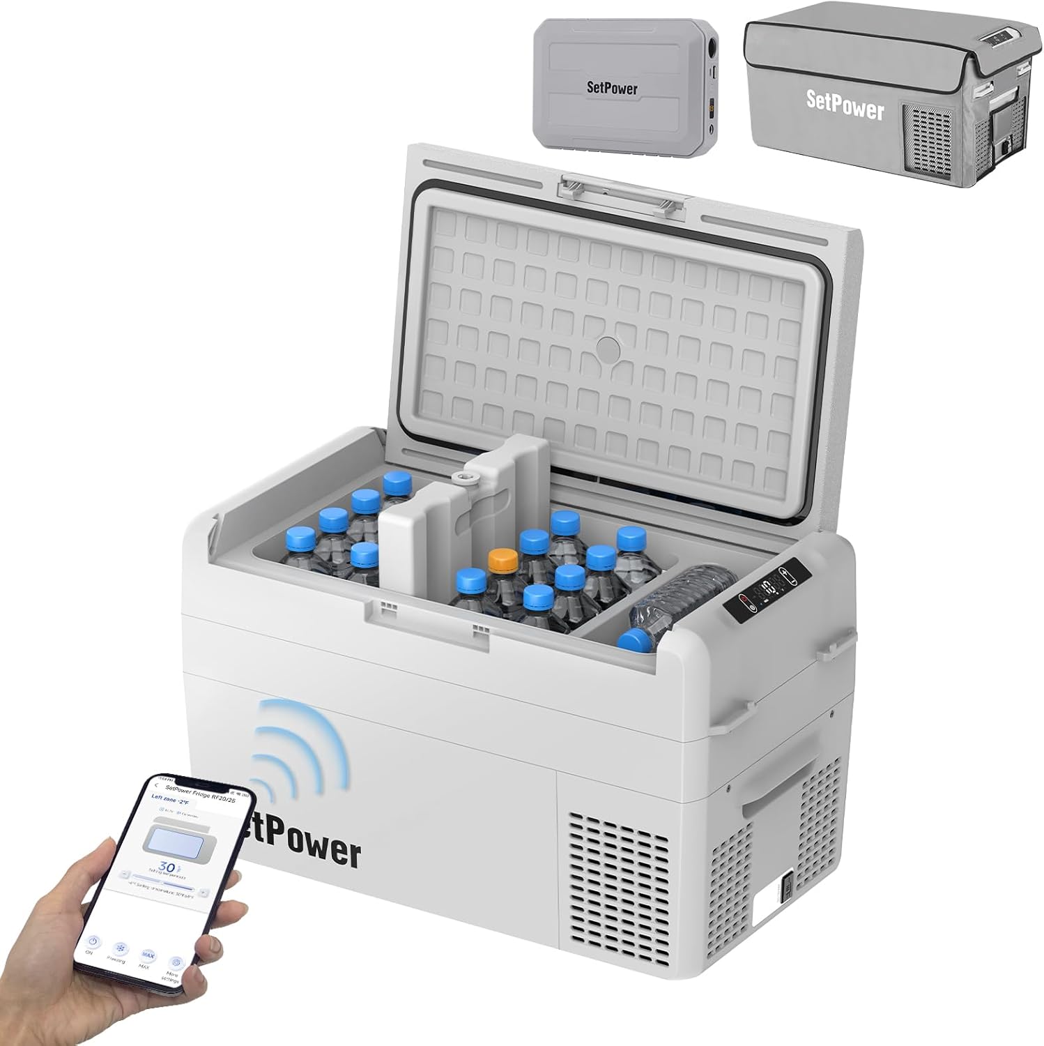 Setpower Car Refrigerator with Cover and PG216 Battery 50 Hours Backup Cooling 27 Quart 12 volt Fridge Portable Car Freezer 12V Coolers for Vehicles Electric Cooler for Car(RF25 Grey)