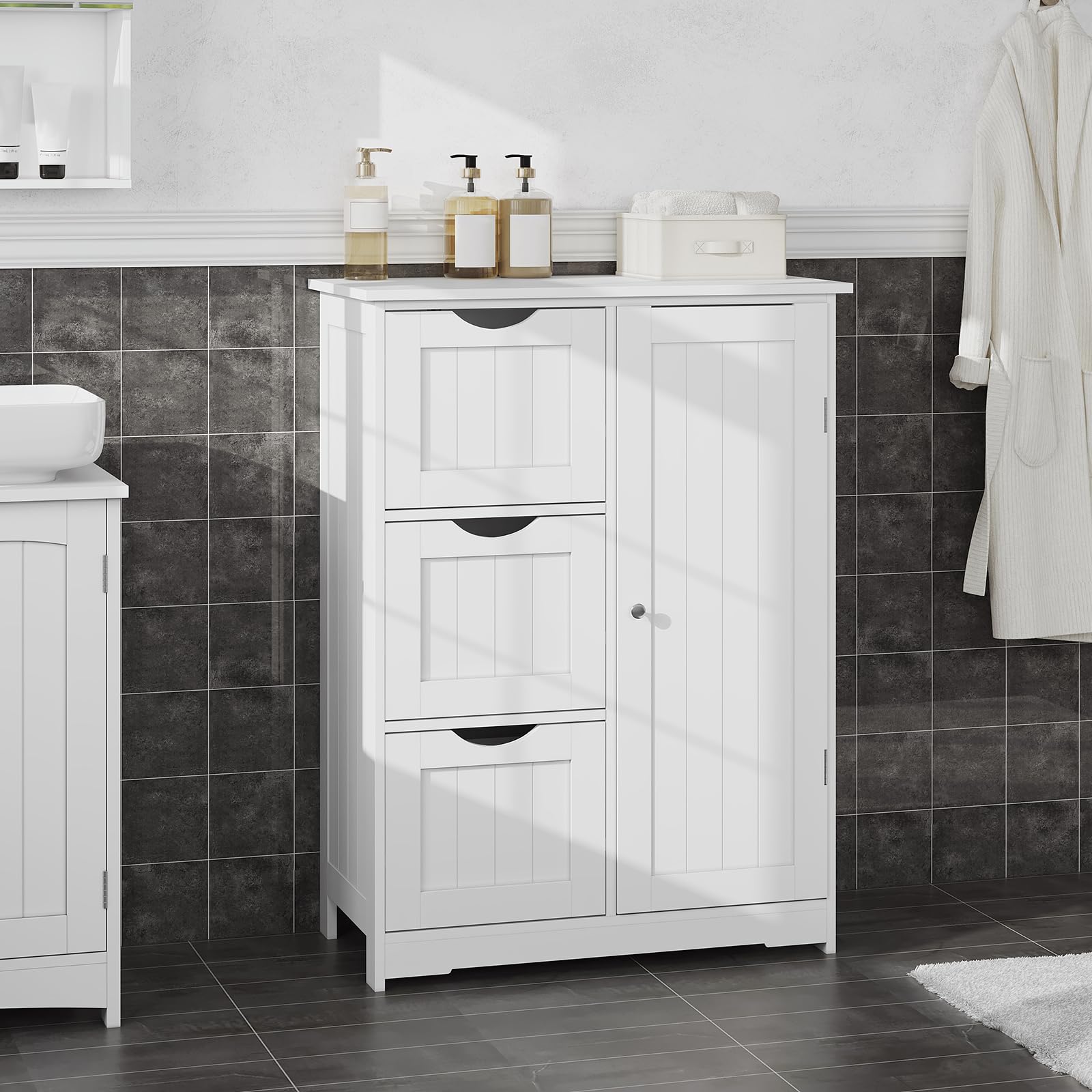EUGAD Mueble Baño con Cajones, Armario de Baño con Estante Ajustable, Mueble Baño con 3 Cajones, Unidad de Almacenamiento de Baño, Salón, Habitación y Cocina, Cómoda Blanca, Madera MDF, 60x30x81 cm