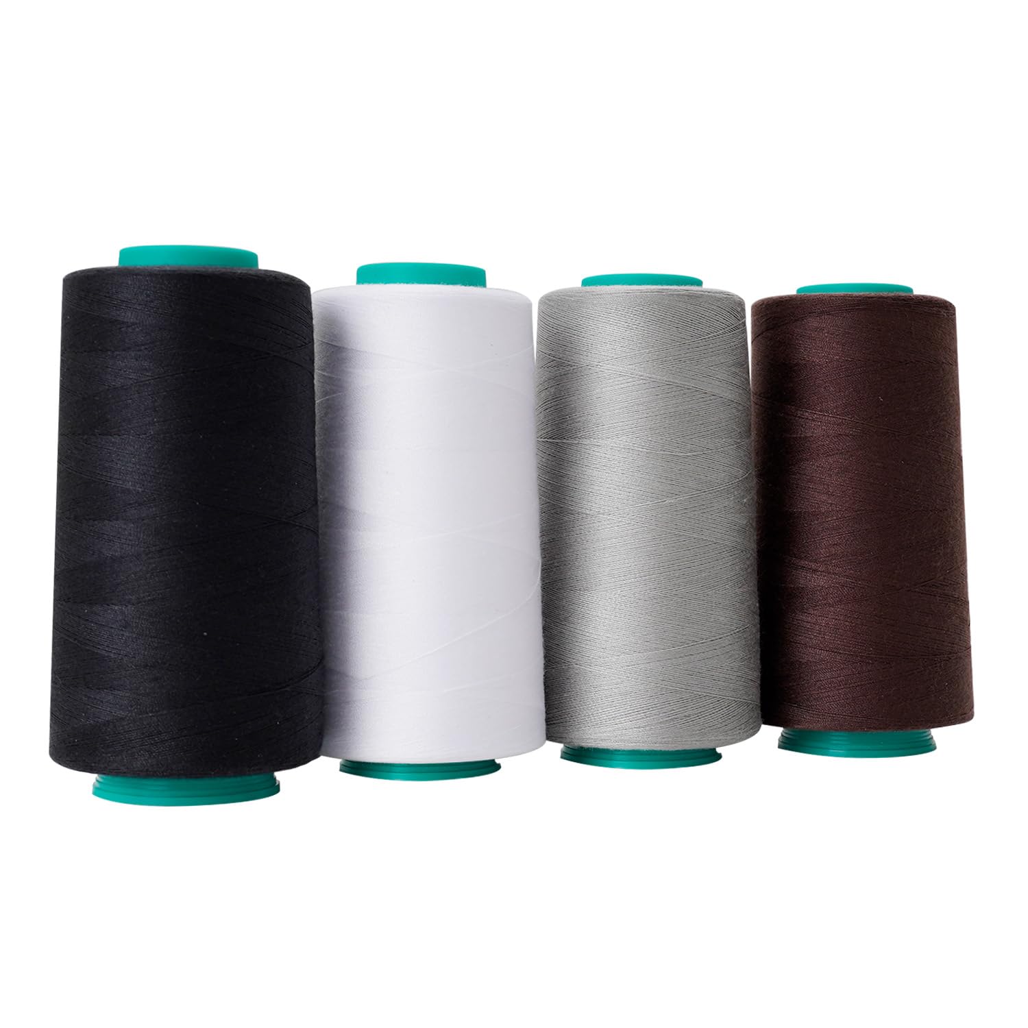 Nähgarnkegel, 4 Stück, 3000 m, Allzweck-Polyestergarn zum Nähen, Quilten, Overlock, Stickerei (Schwarz, Weiß, Braun, Grau)