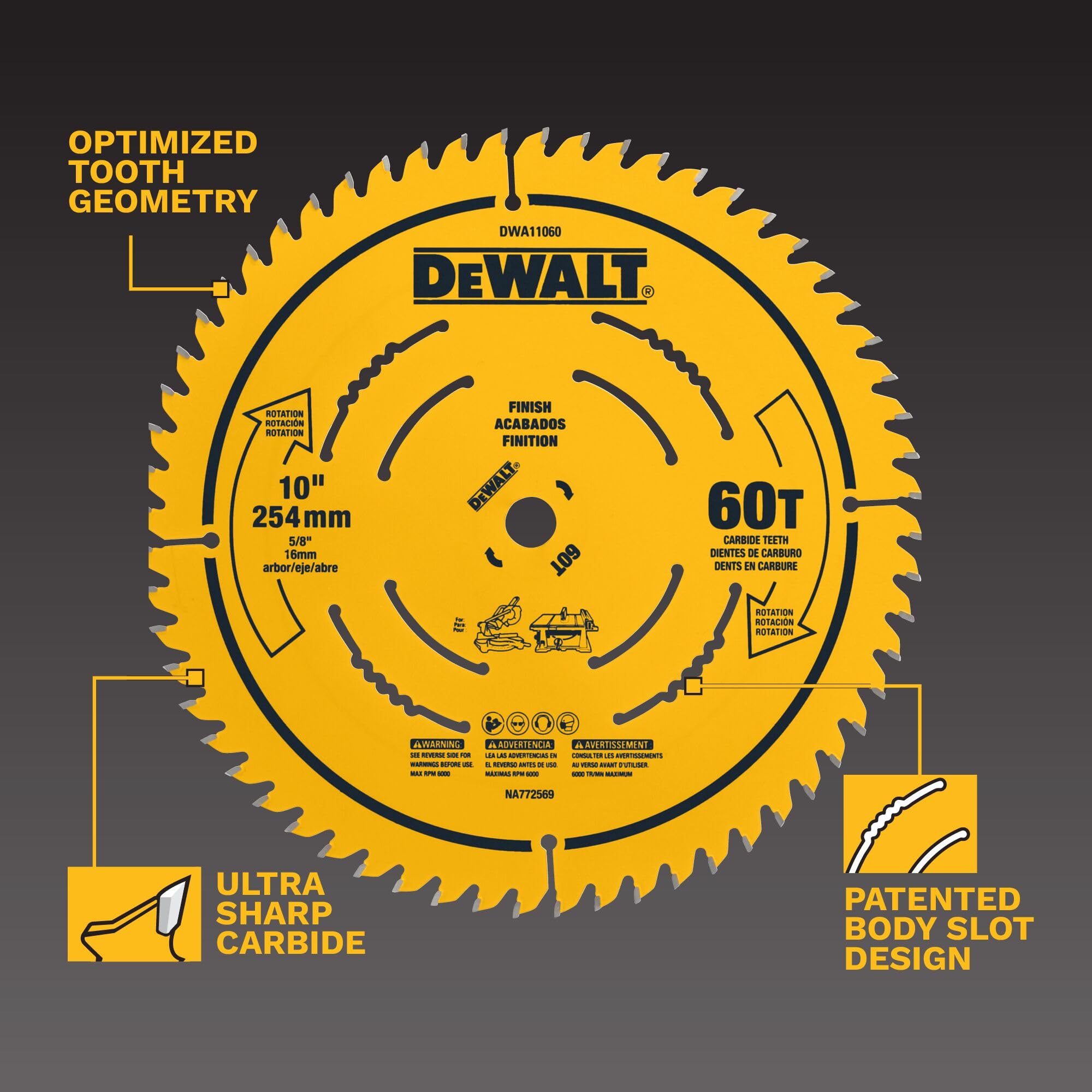 DEWALT Hoja de sierra de mesa, 10 pulgadas, 60 dientes, acabado fino, carburo ultra afilado (DWA11060)