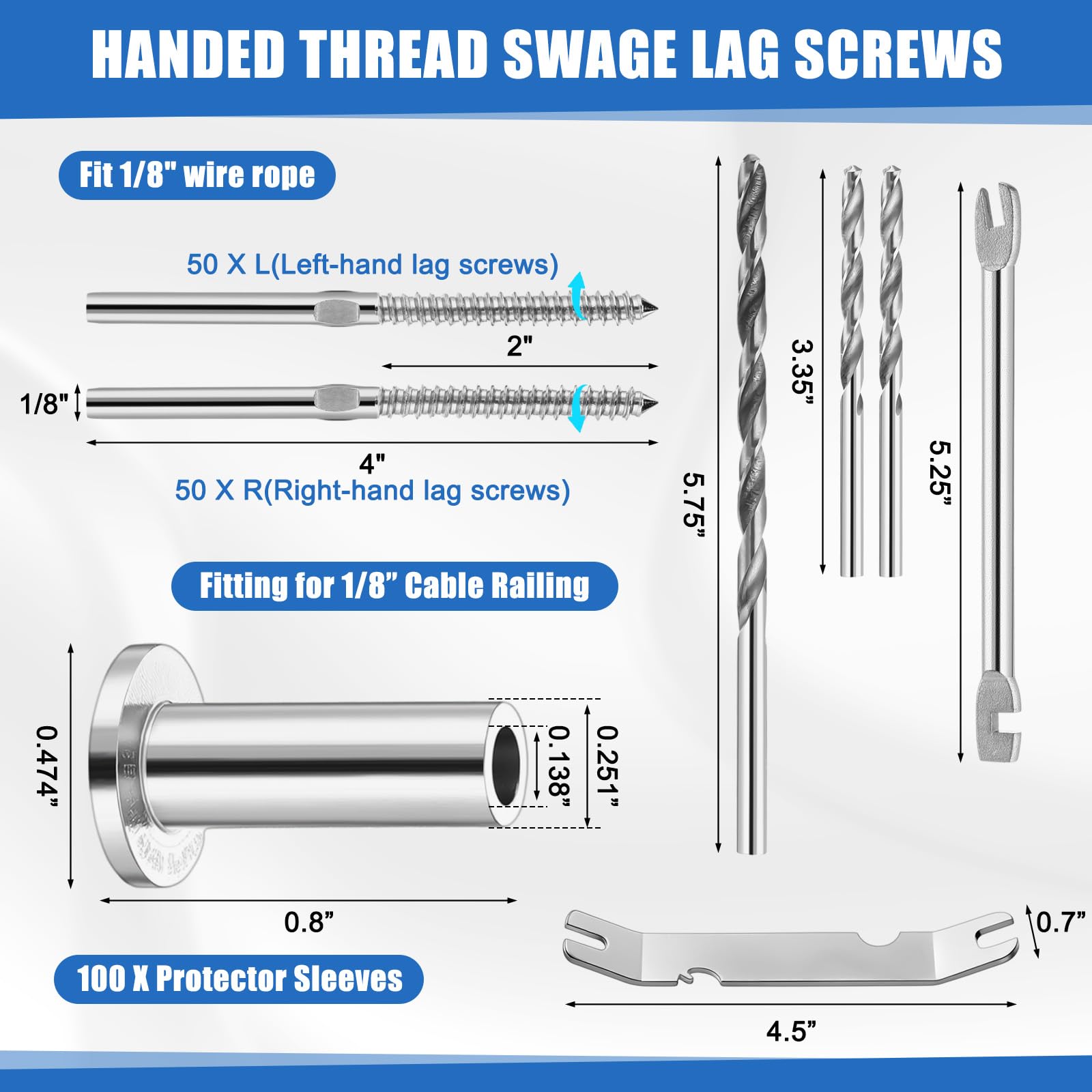 Blulu Confezione da 200 pezzi da 1/8" kit hardware per ringhiere per cavi e manicotti protettivi in acciaio inossidabile T316 per mancini e destrorsi, viti di ritardo per ponte, sistema di ringhiere
