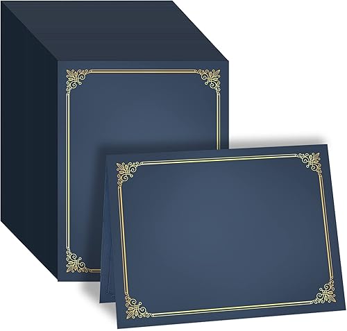 Vista 10 de GNL Paquete de 50 portatarjetas azules para certificados – Soporte para diploma, cubiertas de certificado con borde de lámina dorada, para papel