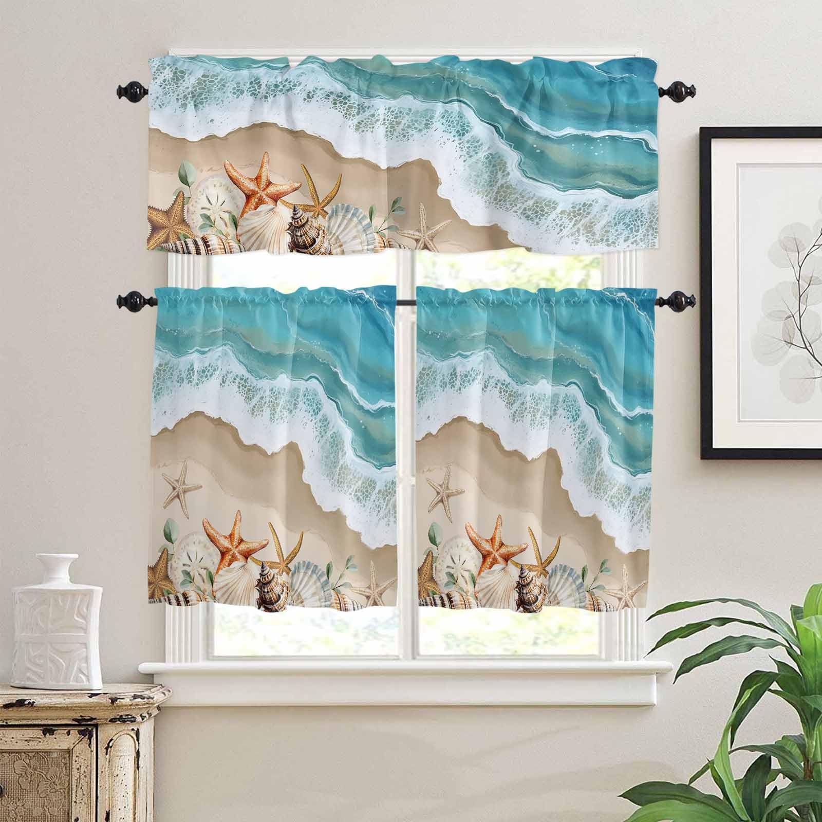 Coastal Beach Ocean Kitchen Curtains 36 Inch Length, 3 Piece Rod Pocket Small Half Tiers and Valance Set, Nautical Starfish Shells Conch Small Large Window Treatment Decor for Bedroom/Bathroom Sink