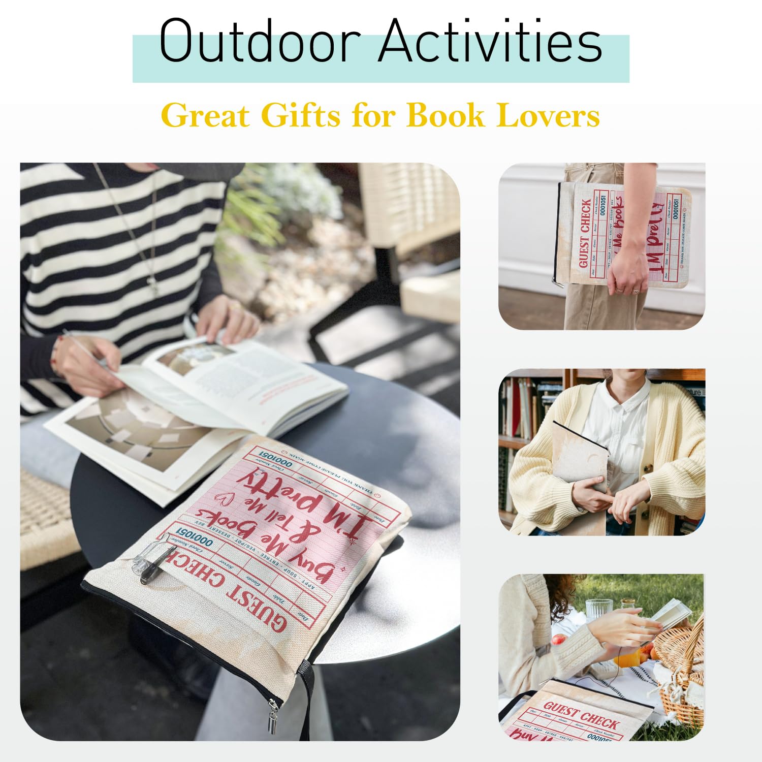 Vintage Guest Check Pattern Book Sleeve for Book Club Gifts with Zipper and Handle Front Pocket for Travel — view 5