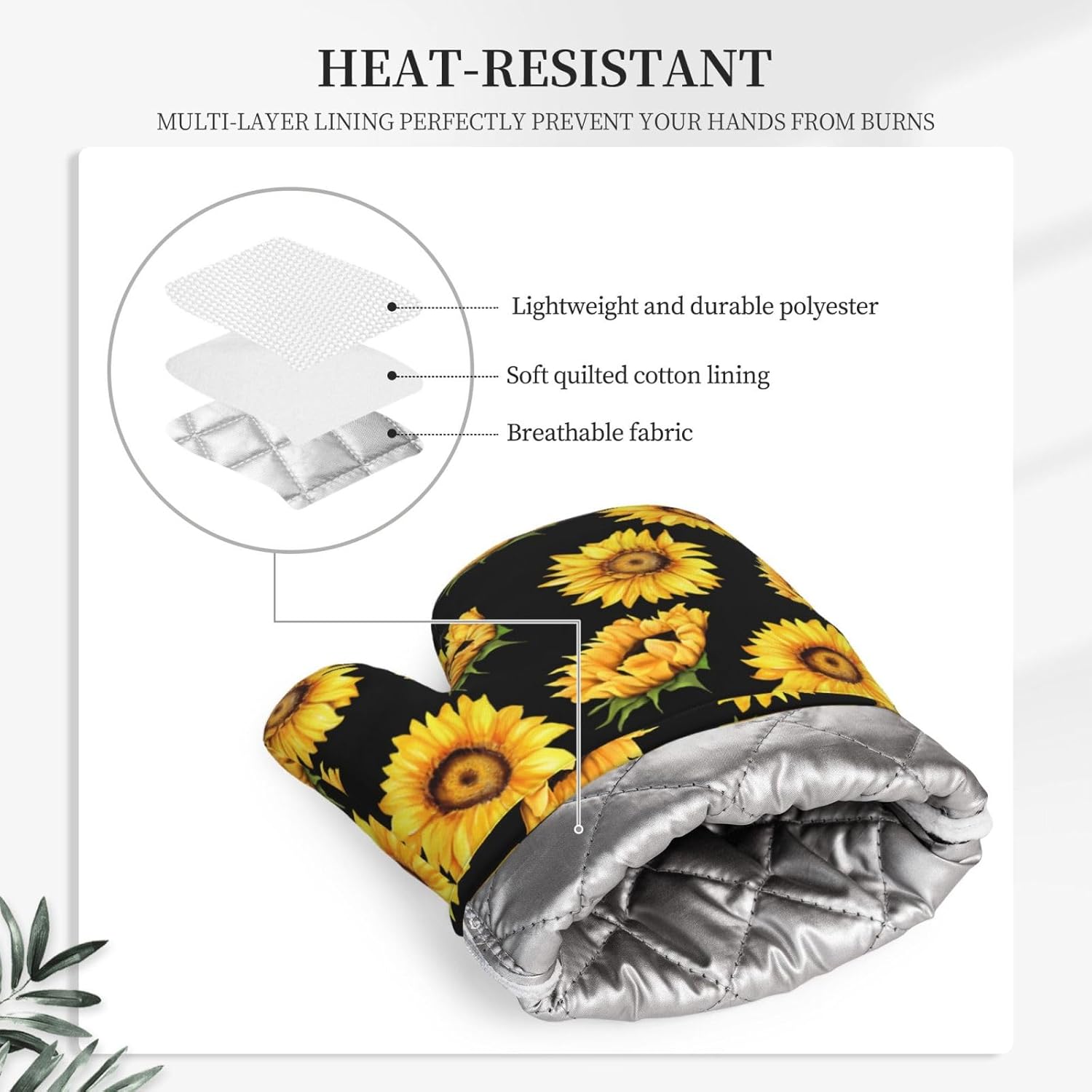 Sunflower Oven Mitts and Pot Holders Sets, Home Silicone Heat Resistant BBQ Gloves for Kitchen Baking Cooking Grilling Microwave