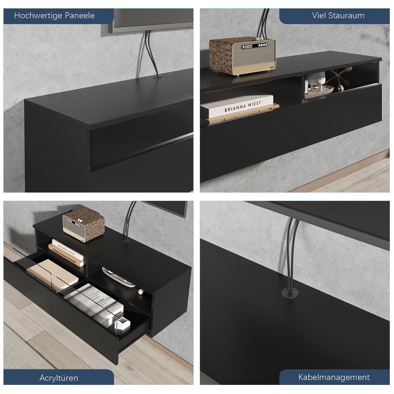 KEEPREAPER Lowboard 100cm TV Schrank mit LED-Beleuchtung hängend Schwarz | Fernsehschrank, griffloses TV-Board, 2 Schubladen mit Acryl für Wohnzimmer