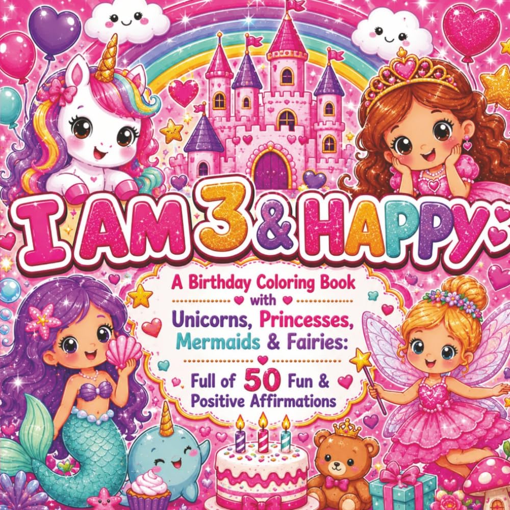 I Am 3 & Happy: A Birthday Coloring Book for 3 Year Old Girls with Unicorns, Princesses, Mermaids & Fairies: Full of 50 Fun & Positive Affirmations