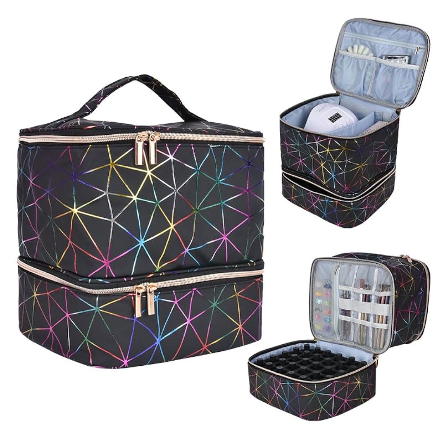 FIVEDRX Colorful PU Nail Polish Organizer Storage Bag Professional Nail Accessories Kit Holds 30 Bottle (15ml/ 0.5 fl.oz) and a Nail Lamp Case Double Layer Nail Polish Carrying Case(black)