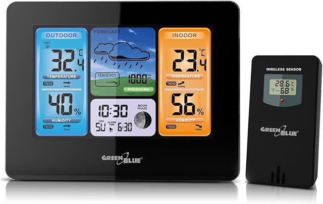 GreenBlue GB526 Bezprzewodowa Radiowa Stacja Pogodowa LCD z Czujnikiem Zewnętrznym, Stacja Pogody Posiada Trendy Pogodowe, Wyświetlanie Faz Księżyca, DCF, Aktualizację Kalendarza oraz Alarm