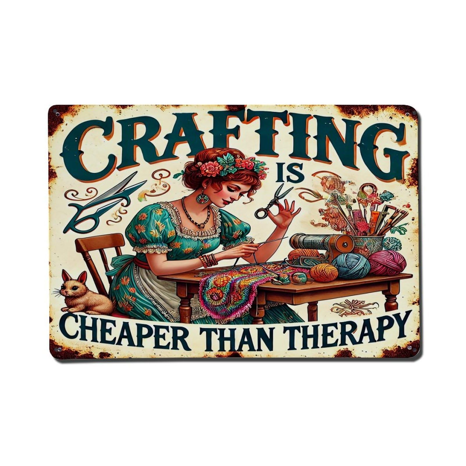Crafting Is Cheaper Than Therapy Retro Metal Tin Sign, Vintage Decor Art Poster for Bar, Home, Man Cave, Kitchen, Laundry Room Gift 8x12Inch