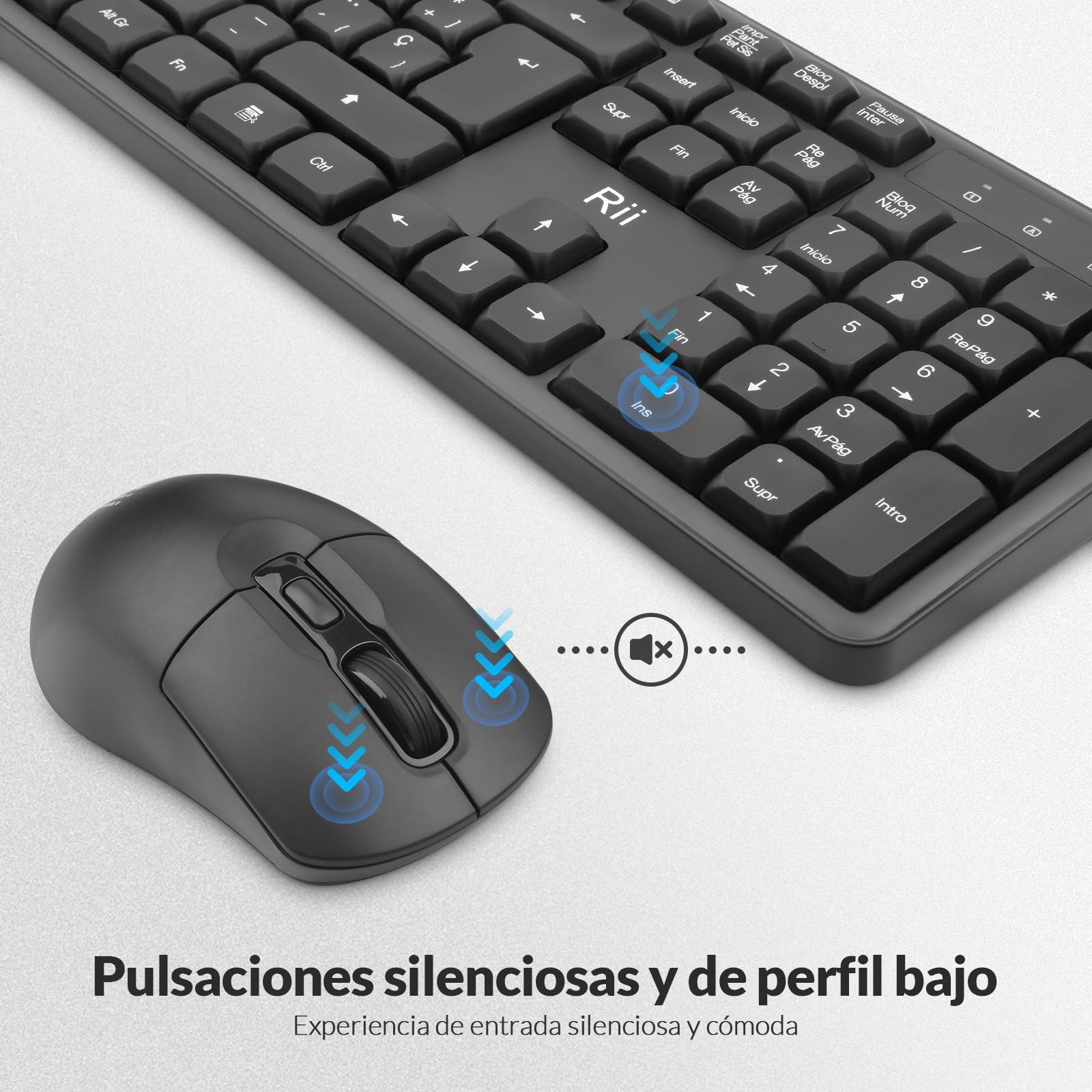 Rii RK209 Combo de Teclado y ratón Inalámbricos, Teclado y Ratón Silenciosos, con Receptor 2,4G(No Incluye Pilas)