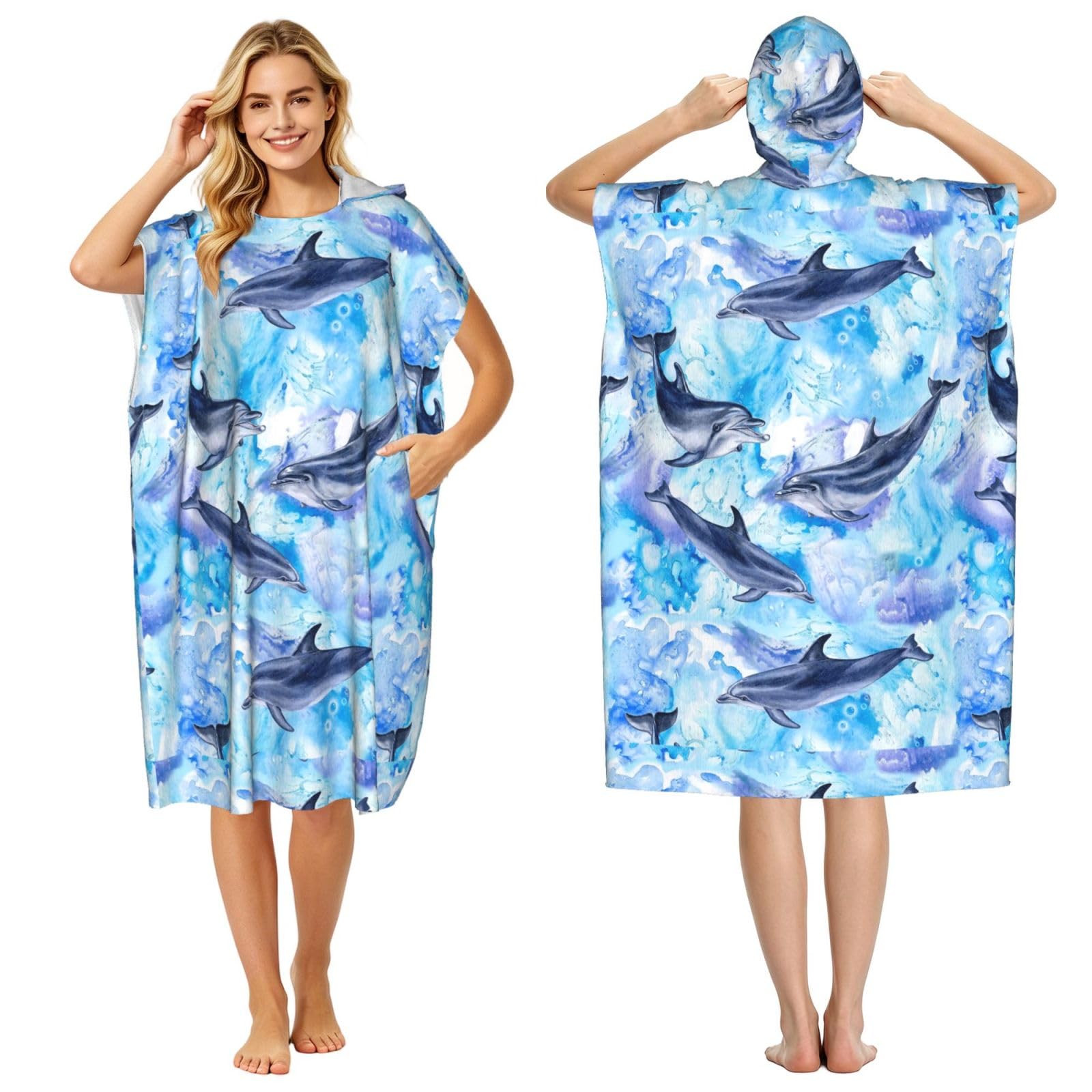 Poadnly Painting Dolphin, Adult Hooded Beach Towel 90 x 110 cm,Changing Bath Robe, Surf Poncho Towel For Women Men