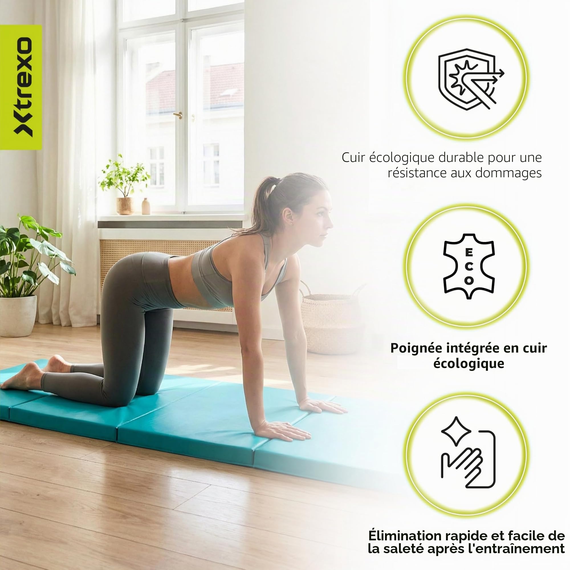 TREXO Tapis de gymnastique pliable - Tapis d'entraînement portable avec poignée, mousse EPE et revêtement en cuir synthétique
