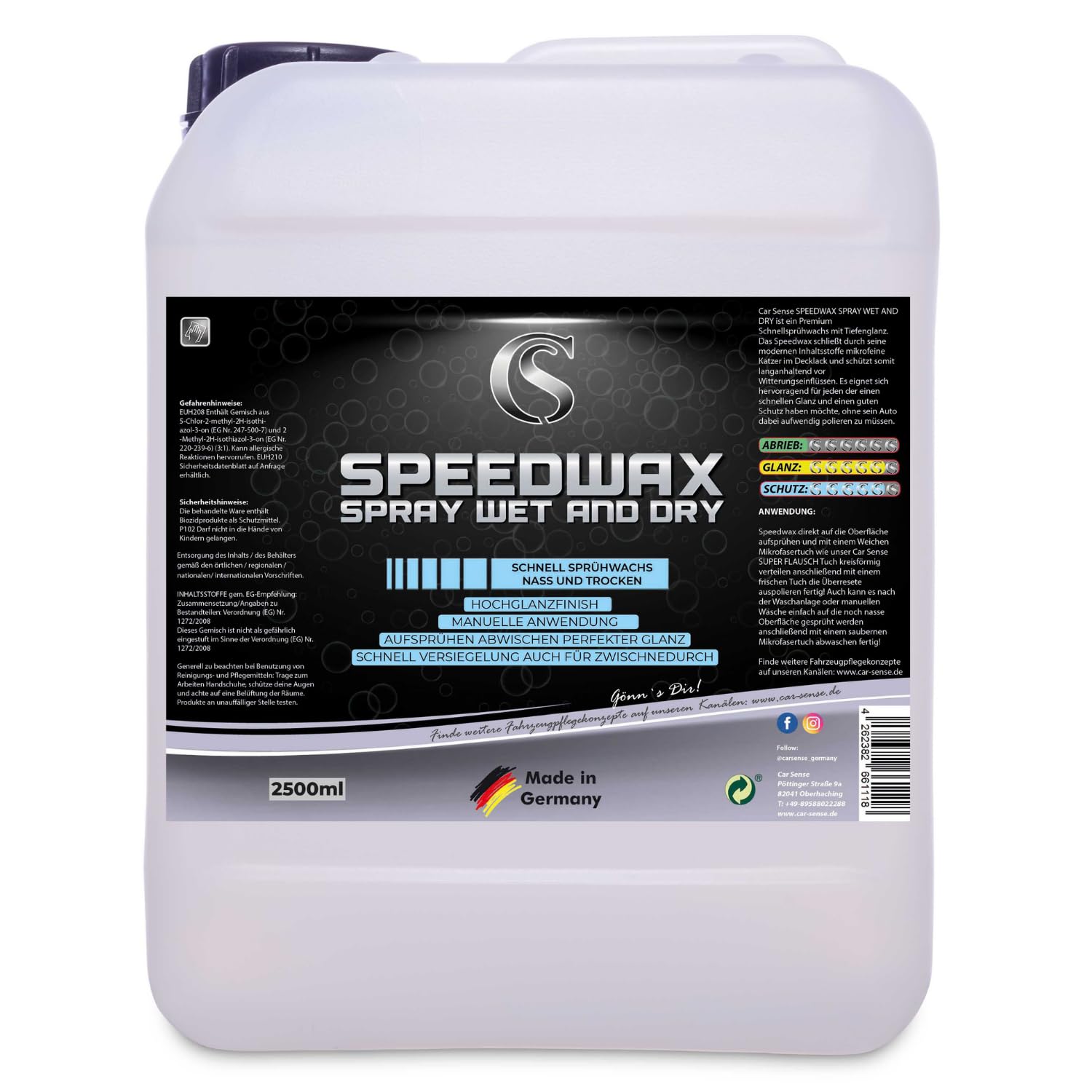 Car Sense Speedwax Spray Wet and Dry [2500ml] Schnellsprühwachs für Tiefenglanz - Schutz vor Witterungseinflüssen - Einfache Anwendung, hochglanzfinish