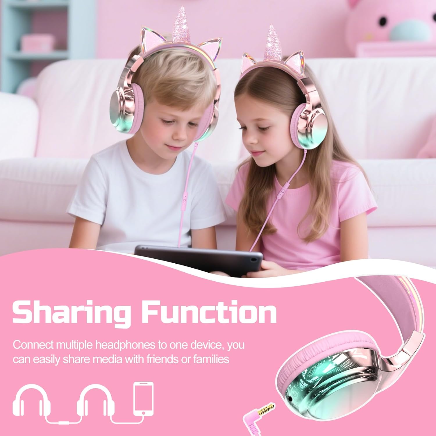 QearFun Kids Cat Ear Headphones Wired with Mic, 85/94dB Safe Volume Limit, Sparkly Wired Headset, Foldable, Sharing Port & Tangle-Free Cord for School, Chromebook, Tablet, Travel, Boys & Girls - Image 6