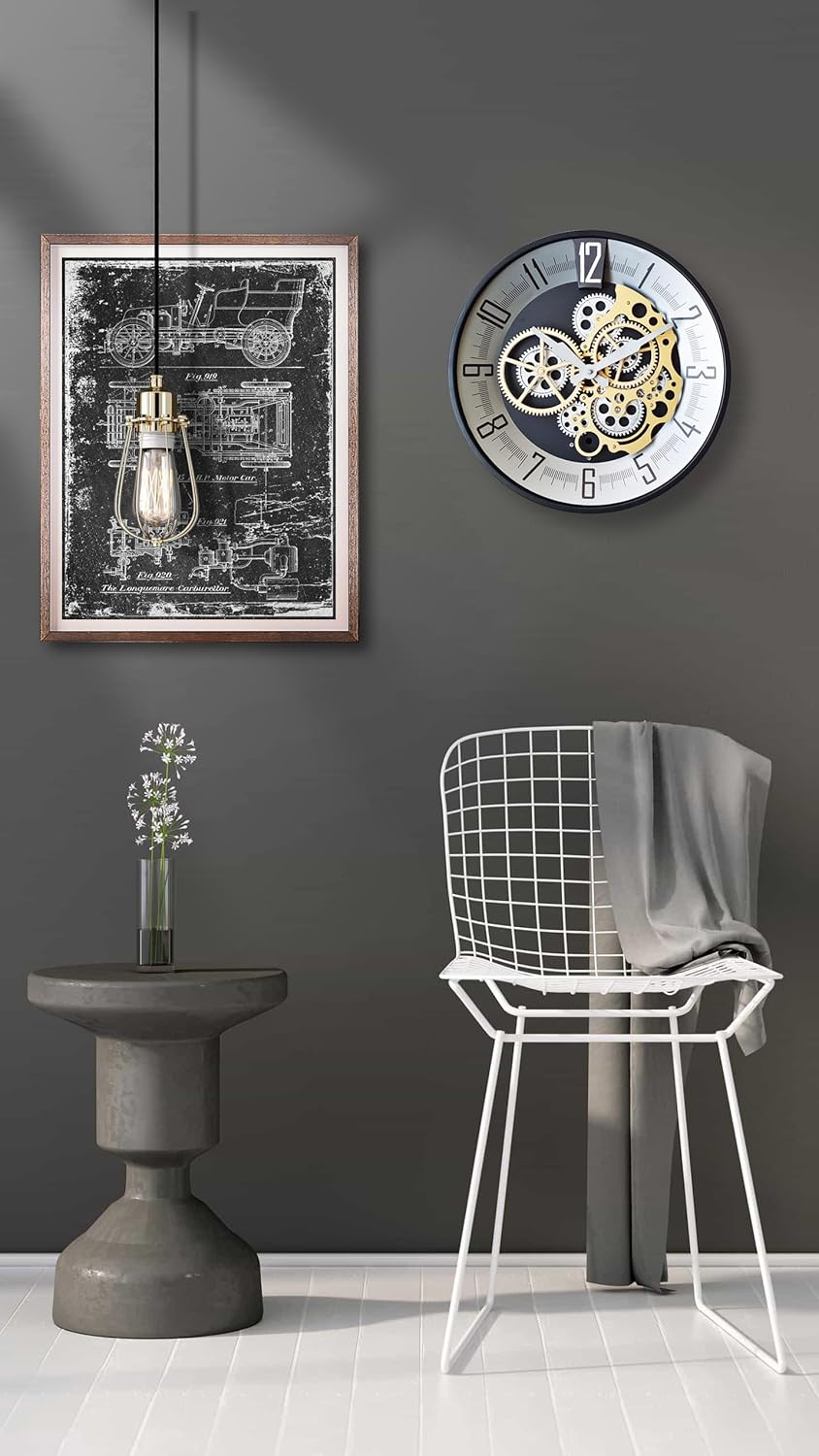 Industrial Wall Clock, Non-Ticking Vintage Moving Gear Battery Operated Original Antique Steampunk Decor Metal Clock for Living Room, Farmhouse, Home Kitchen (Gold-16 inch, 16 inch)