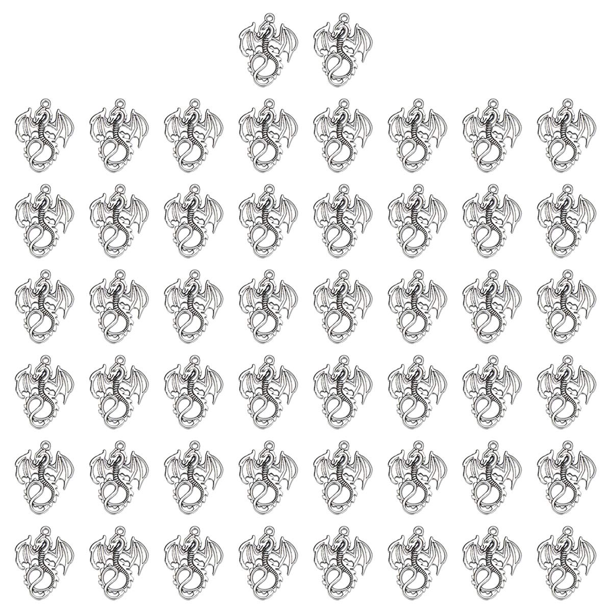 JIALEEY 50PCS Dragon Charm Flying Courage Pendant for DIY Jewelry Making Necklace Bracelet Accessaries, Antique Silver 21x16mm