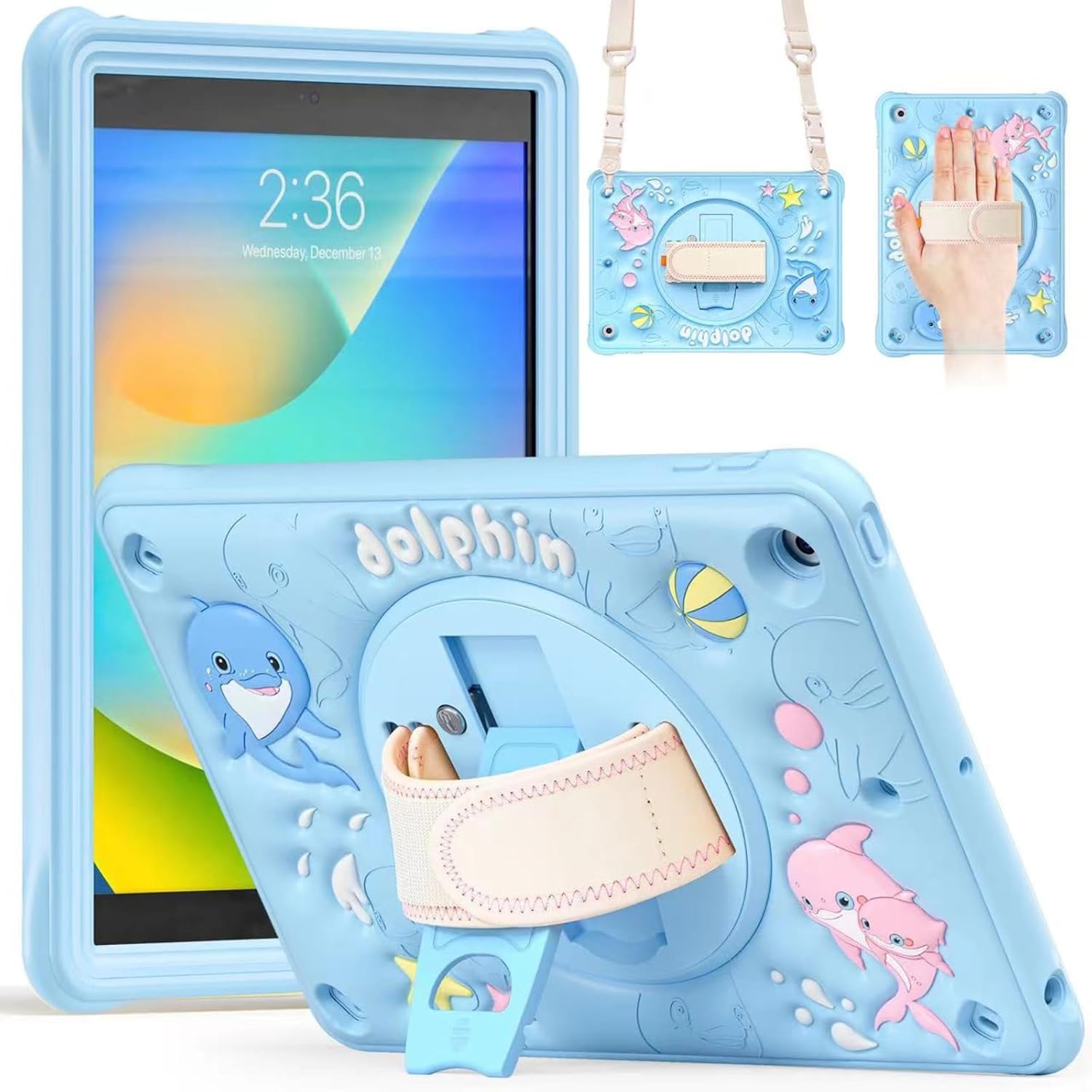 Shockproof Kids Case for iPad 10.2 2021/2020/2019 (9th/8th/7th Gen), Heavy Duty Dolphin Design with 360° Rotating Hand Strap, Kickstand, Adjustable Shoulder Strap, Cute Protective Cover for Children