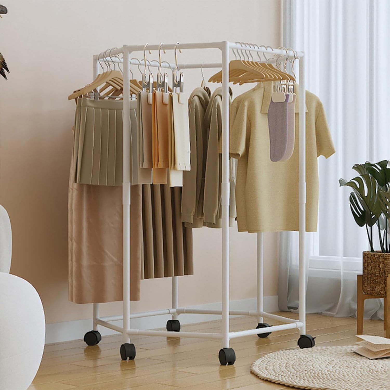 Hexagonal Rotating Floor-Standing Clothes Hanger Dormitory Clothes Rack Indoor Clothes Drying Rack Movable Clothes Rack Suitable for Home and School (B)