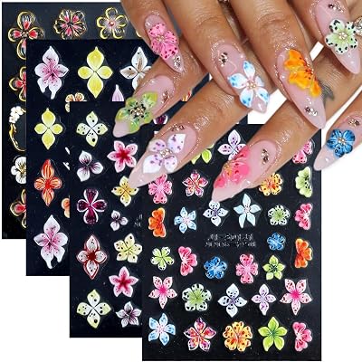 Ahamo 5D Embossed Floral Nail Stickers for Women | 4 Sheets Self-Adhesive Hibiscus Nail Art Decals | Cute Accessories fo