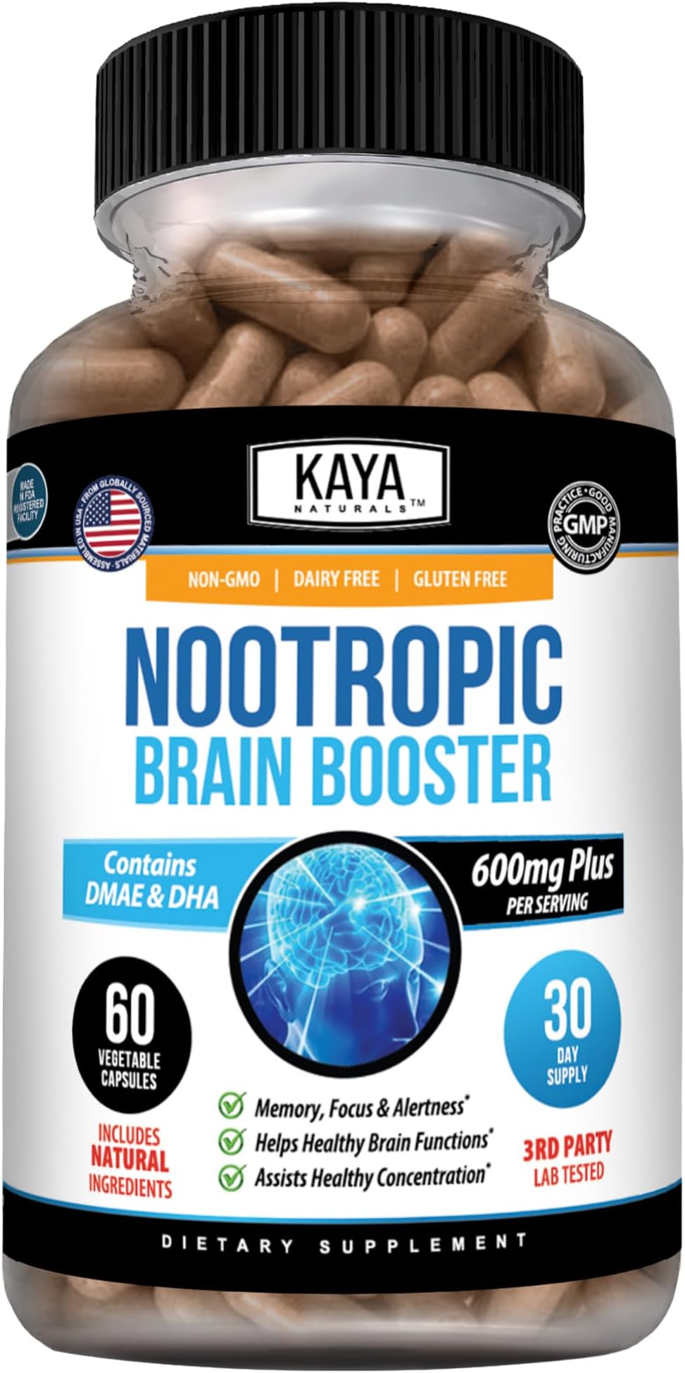 Kaya Naturals Nootropic Brain Booster, 60 Count | Memory & Focus Support, Concentration & Learning Accuracy, Cognitive Function, Brain Support Supplement