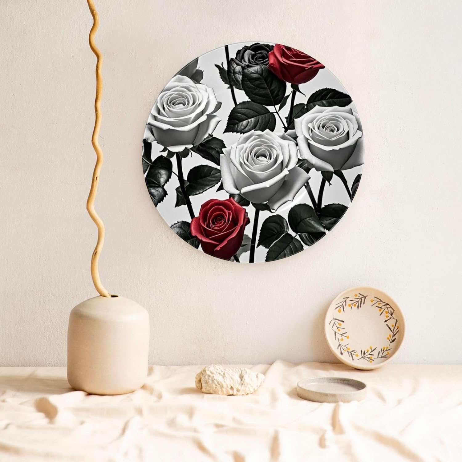 Bone China Decorative Plate with Display Black White and Red Roses Ceramic Plates Crafts Art Decor Dessert Plate Ceramic Ornament Porcelain Plates for Living Room Kitchen Table Home Decor