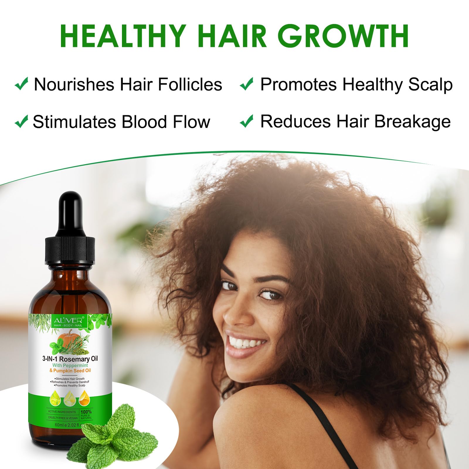 Olio di rosmarino per capelli,con olio di menta piperita,olio di semi di zucca, olio per la crescita dei capelli,olio di rosmarino per capelli,corpo,100% puro naturale,60 ml