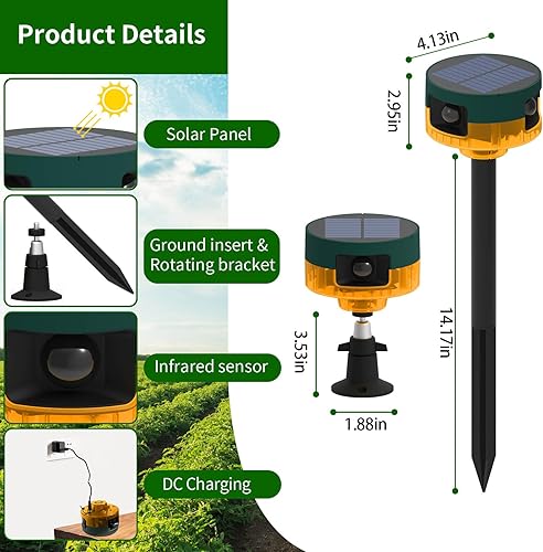 Miniatura 5 de Alarma solar con sensor de movimiento para exteriores, con control remoto, luz de sirena de seguridad de sonido para gallinero, patio, hogar, villa,