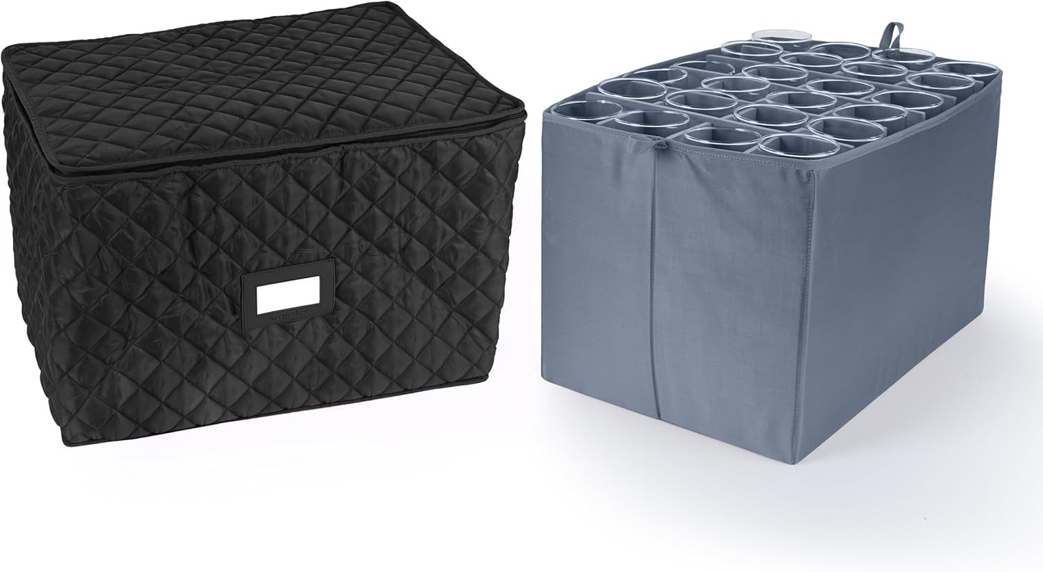 Covermates Adjustable Glassware Storage Container with FlexGrid Dividers, Padded Quilted Organizer for Wine Glasses & Stemware, Zipper Closure, ID Window, Stackable Storage, Black
